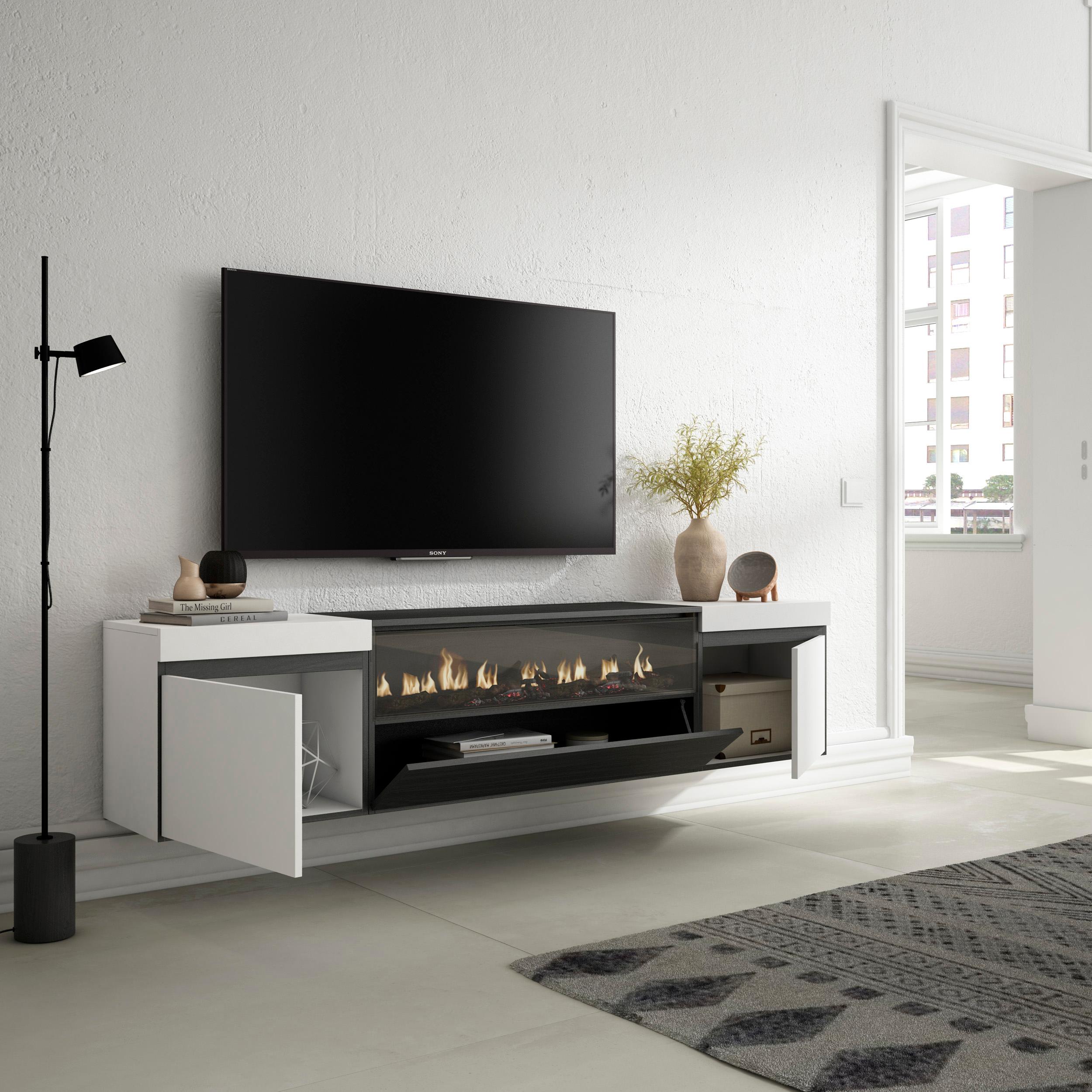 Meuble TV - 200x45x35cm - Cheminée électrique - Suspendu - Mural - Blanc et noir