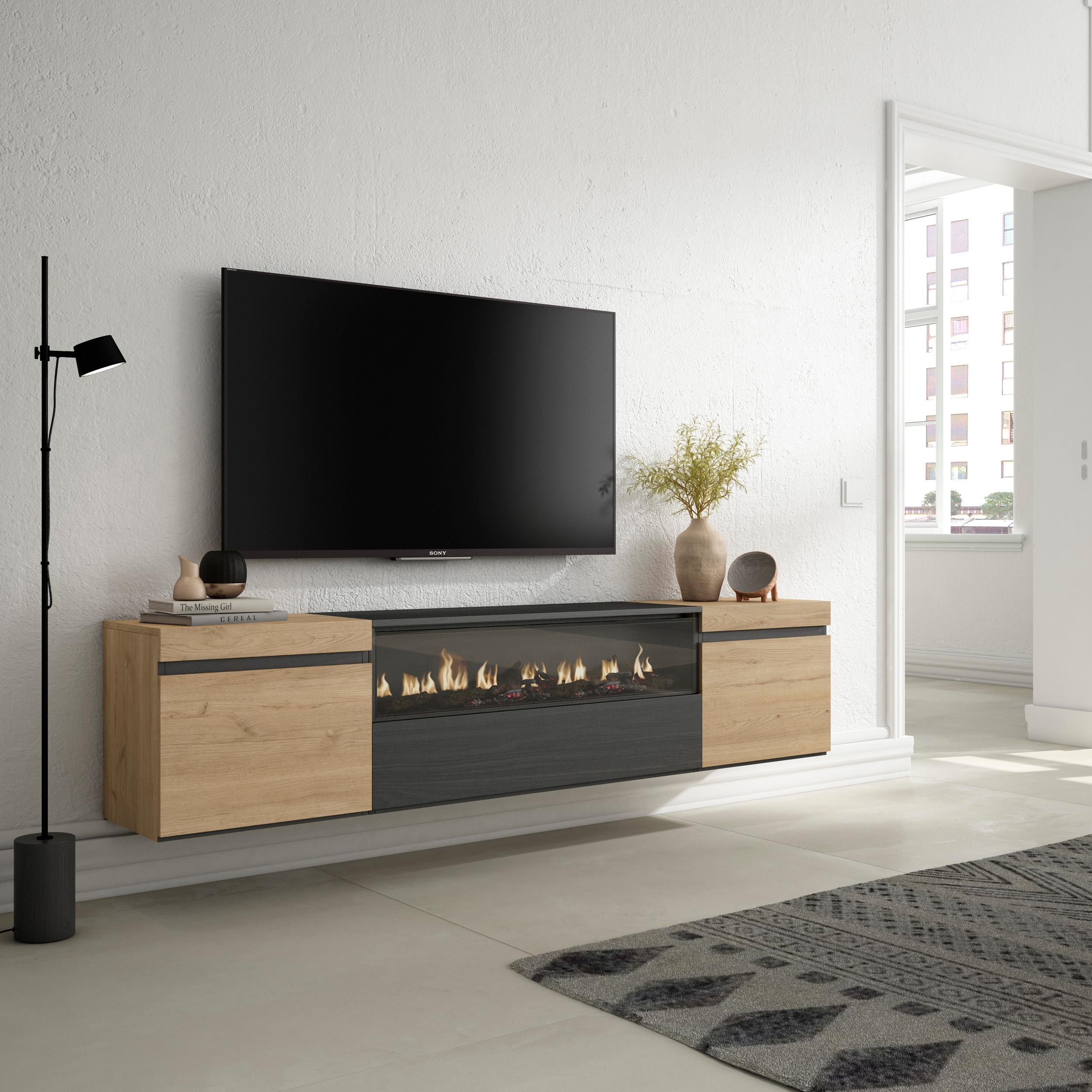Meuble TV - 200x45x35cm - Cheminée électrique - Suspendu - Mural - Chêne et Noir