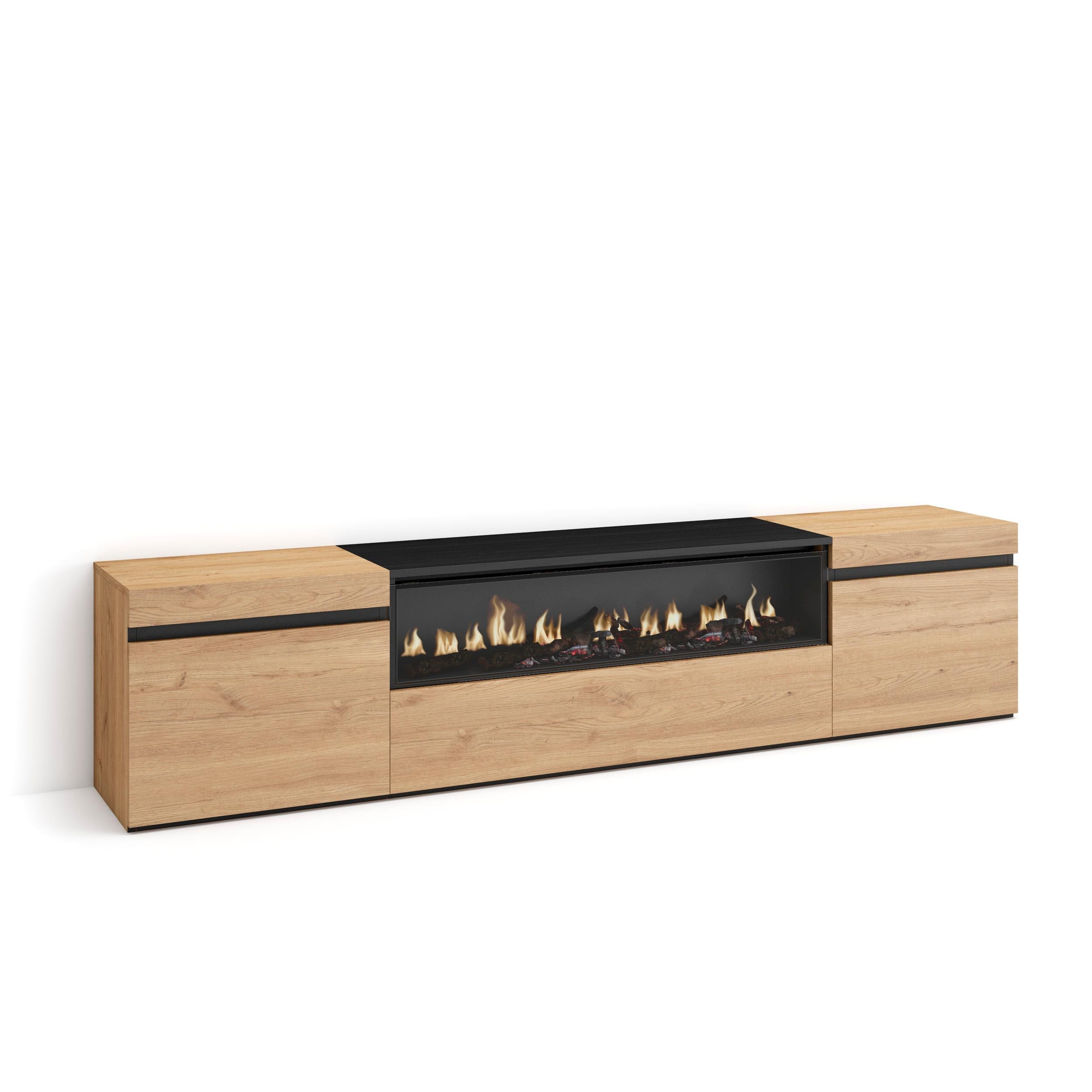 Meuble TV - 200x45x35cm - Cheminée électrique Pour les TV jusqu'à 80" - Chêne et noir