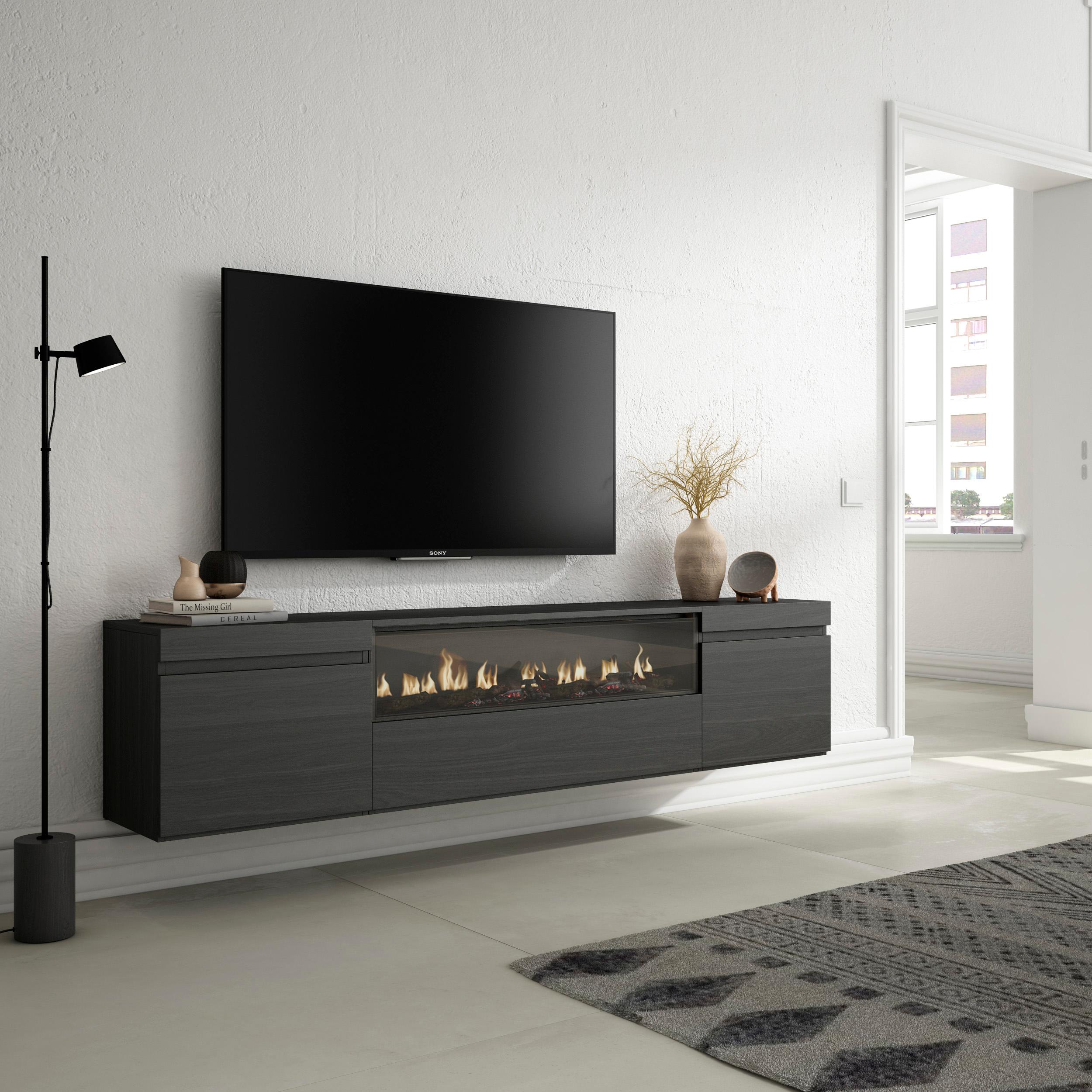 Meuble TV - 200x45x35cm - Cheminée électrique - Suspendu - Mural - Noir