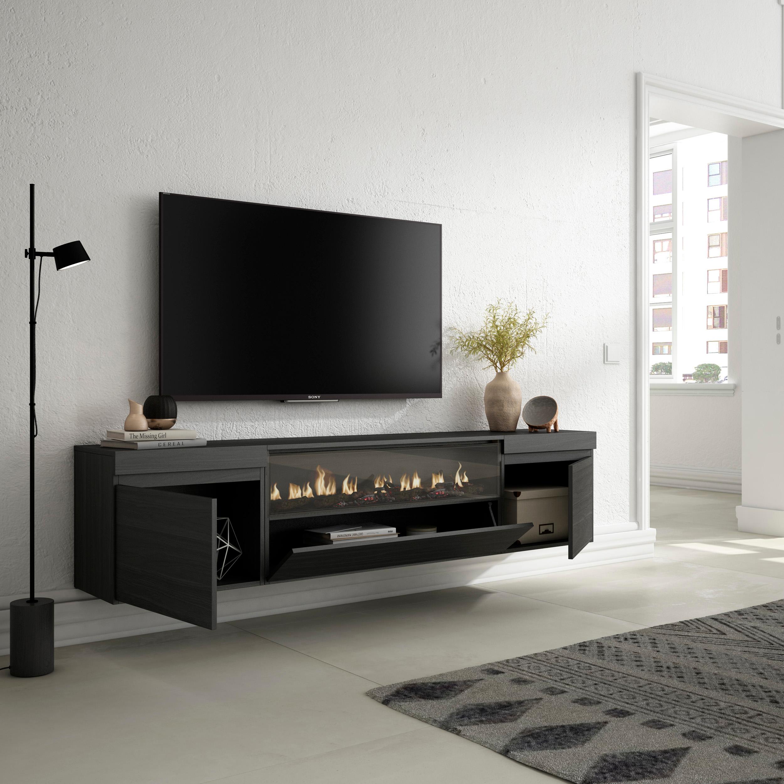 Meuble TV - 200x45x35cm - Cheminée électrique - Suspendu - Mural - Noir