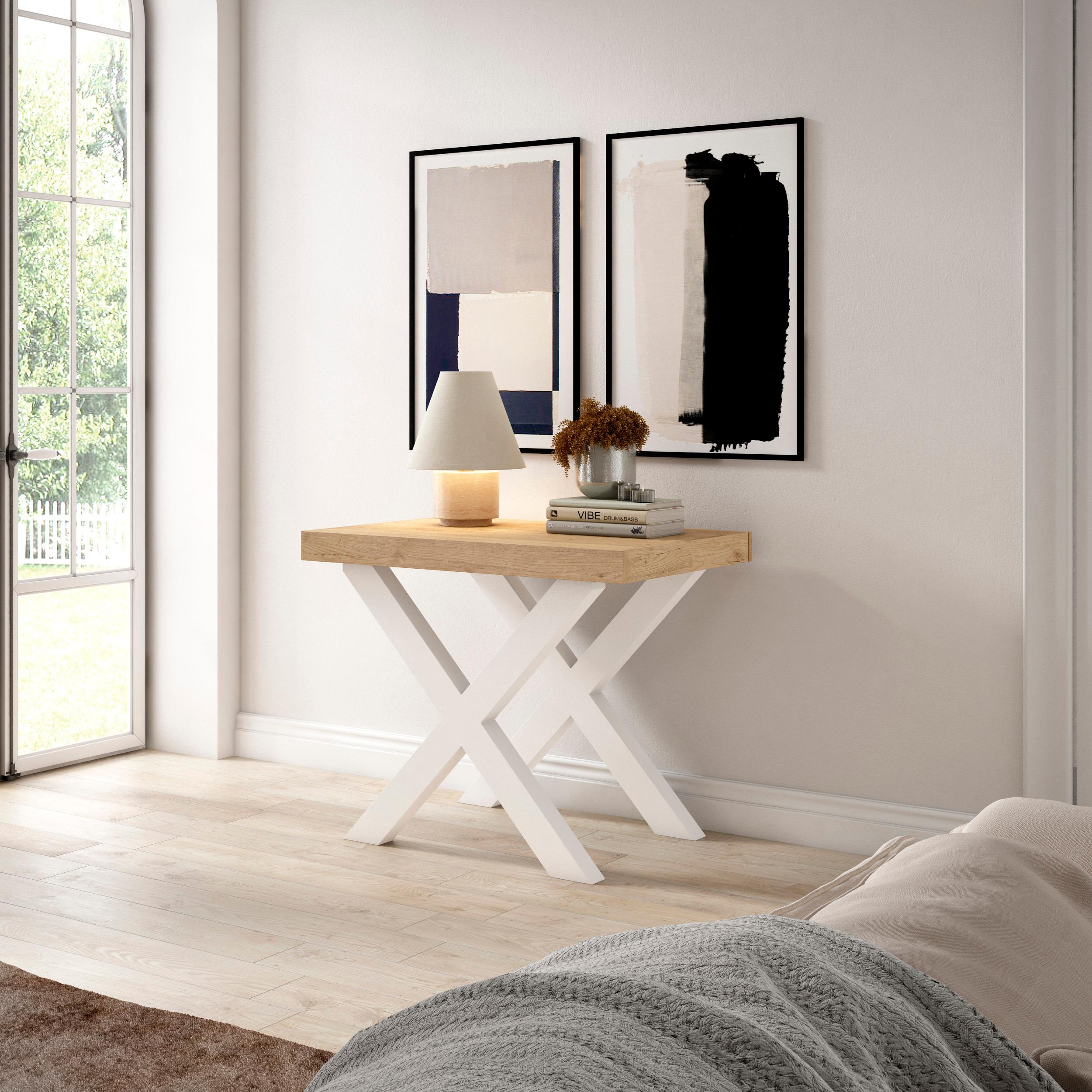 Table console extensible blanche & chêne 260 cm – Jusqu’à 12 personnes – Pieds en bois massif blancs en croix