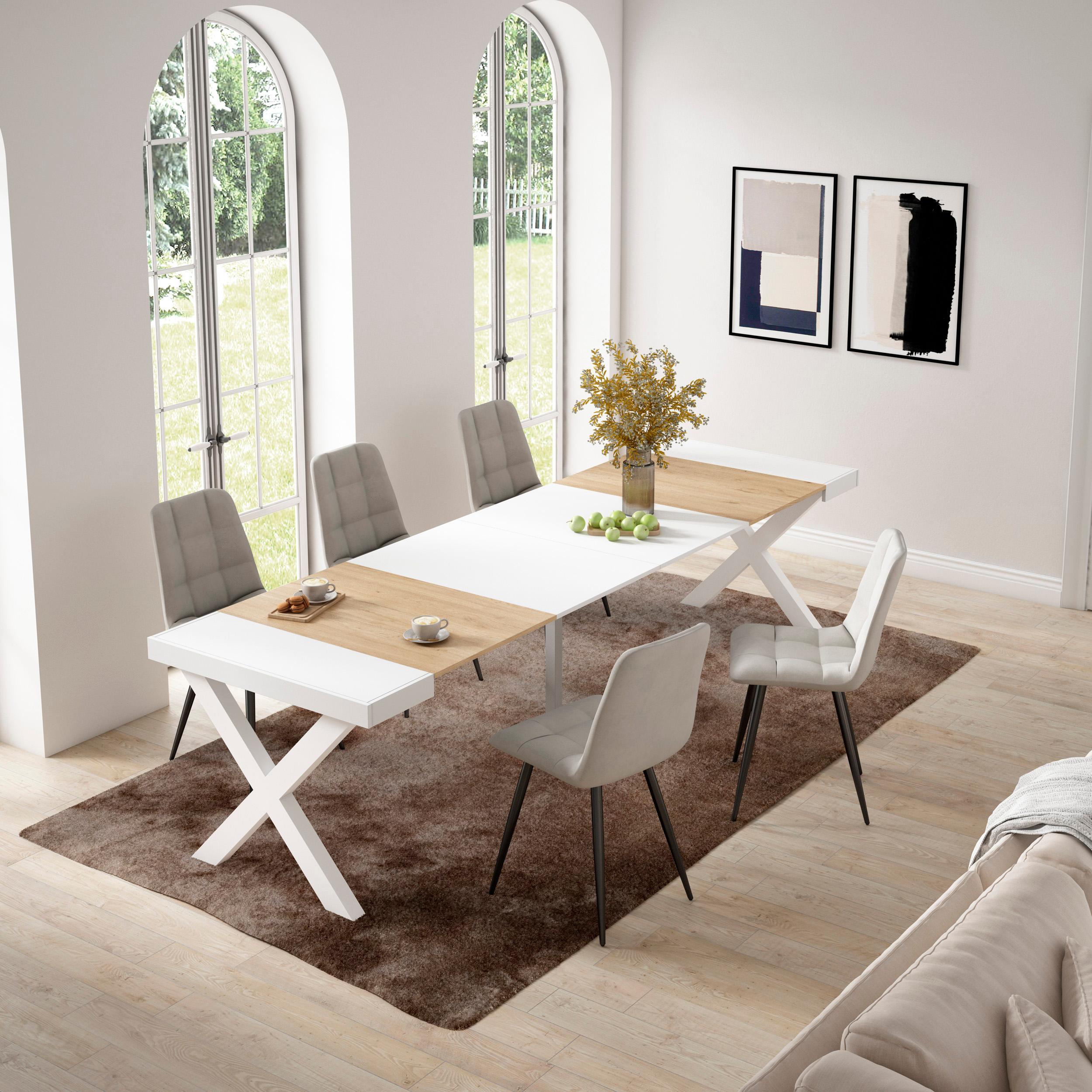 Table console extensible blanche & chêne 300 cm – Jusqu’à 14 personnes – Pieds en bois massif blancs en croix