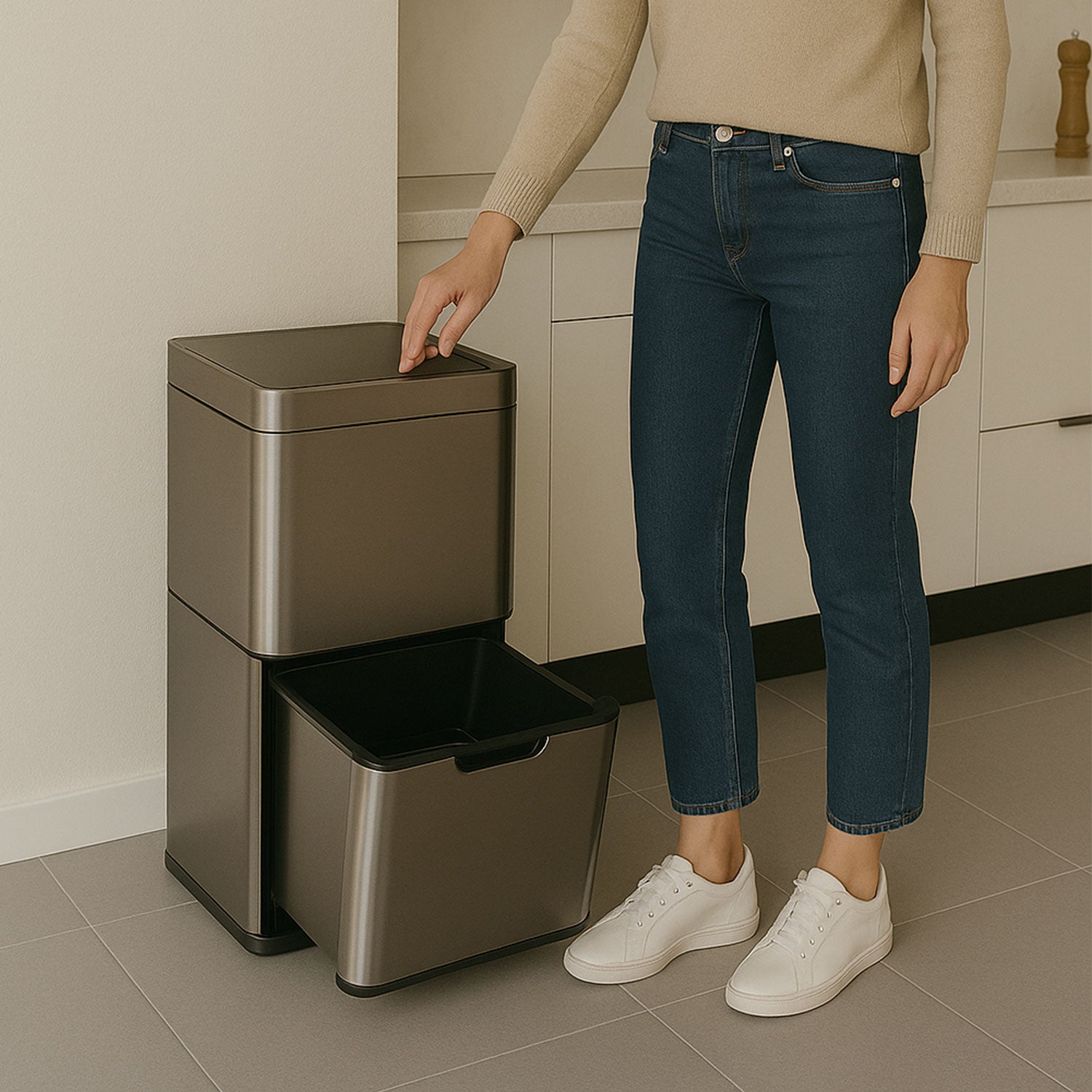 Poubelle de tri sélectif 3 bacs - Détecteur de mouvement - Senzaro 60L - Argent