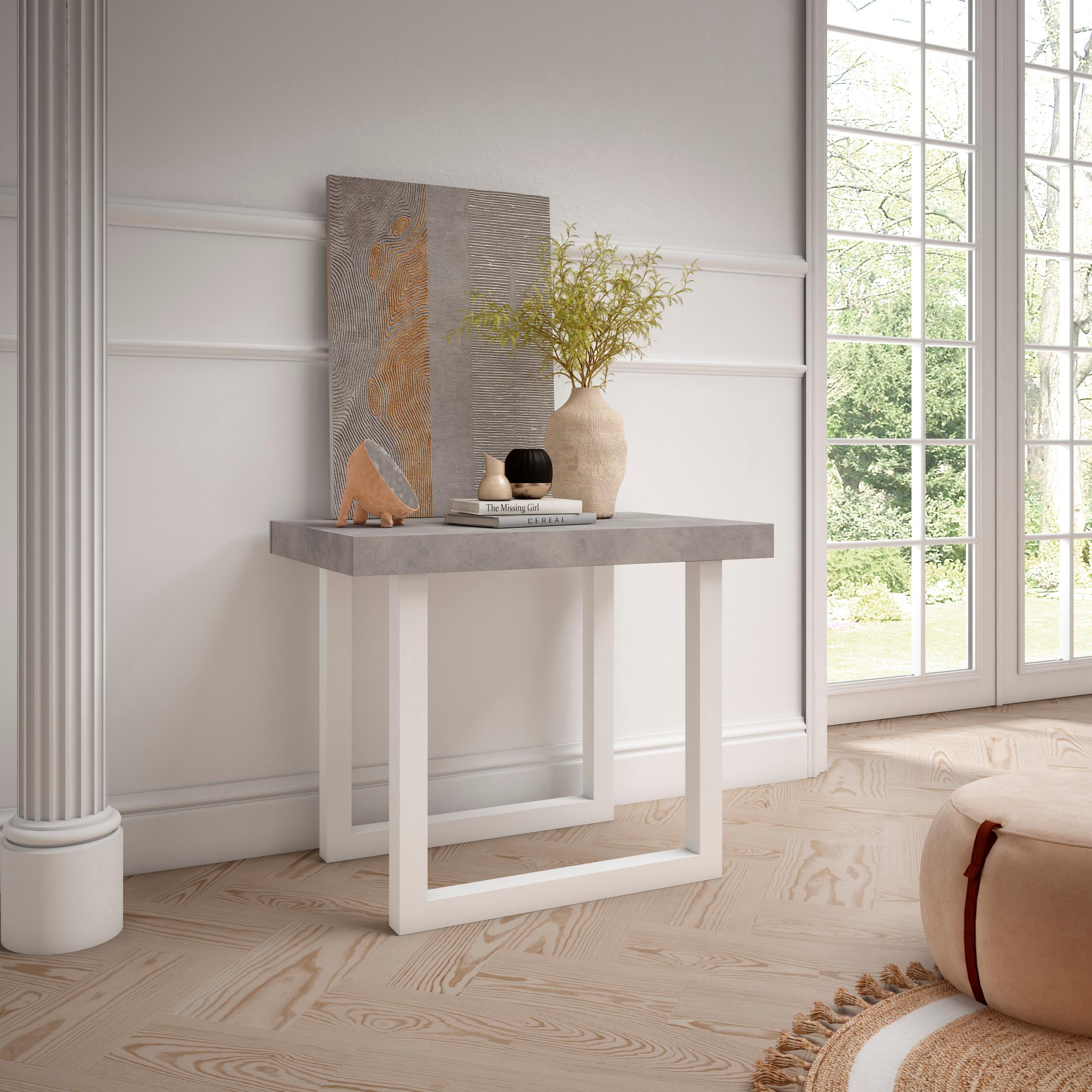 Table console extensible ciment 180 cm – Jusqu’à 8 personnes – Pieds en bois massif blancs en U