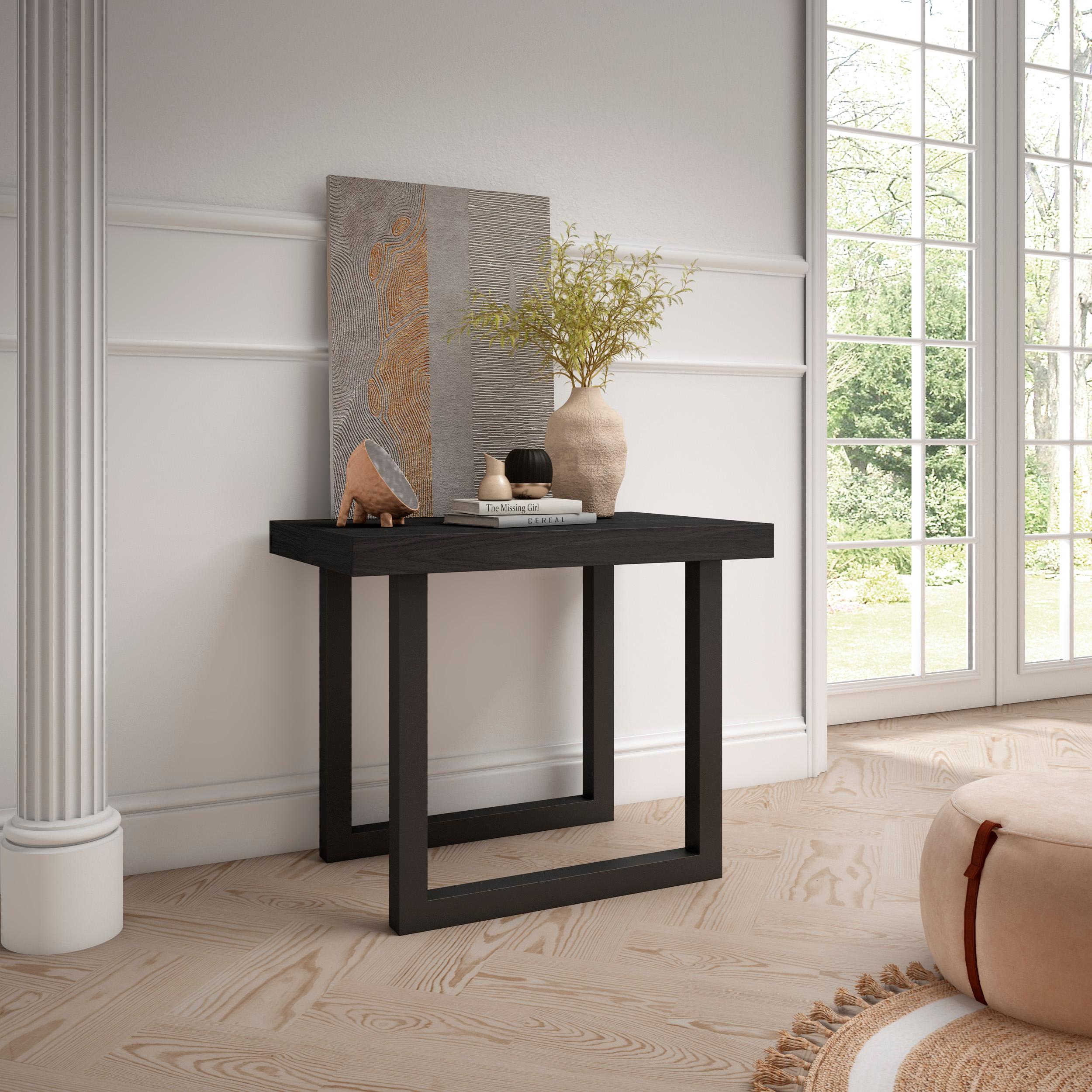 Table console extensible noire 300 cm – Jusqu’à 14 personnes – Pieds en bois massif noirs en U