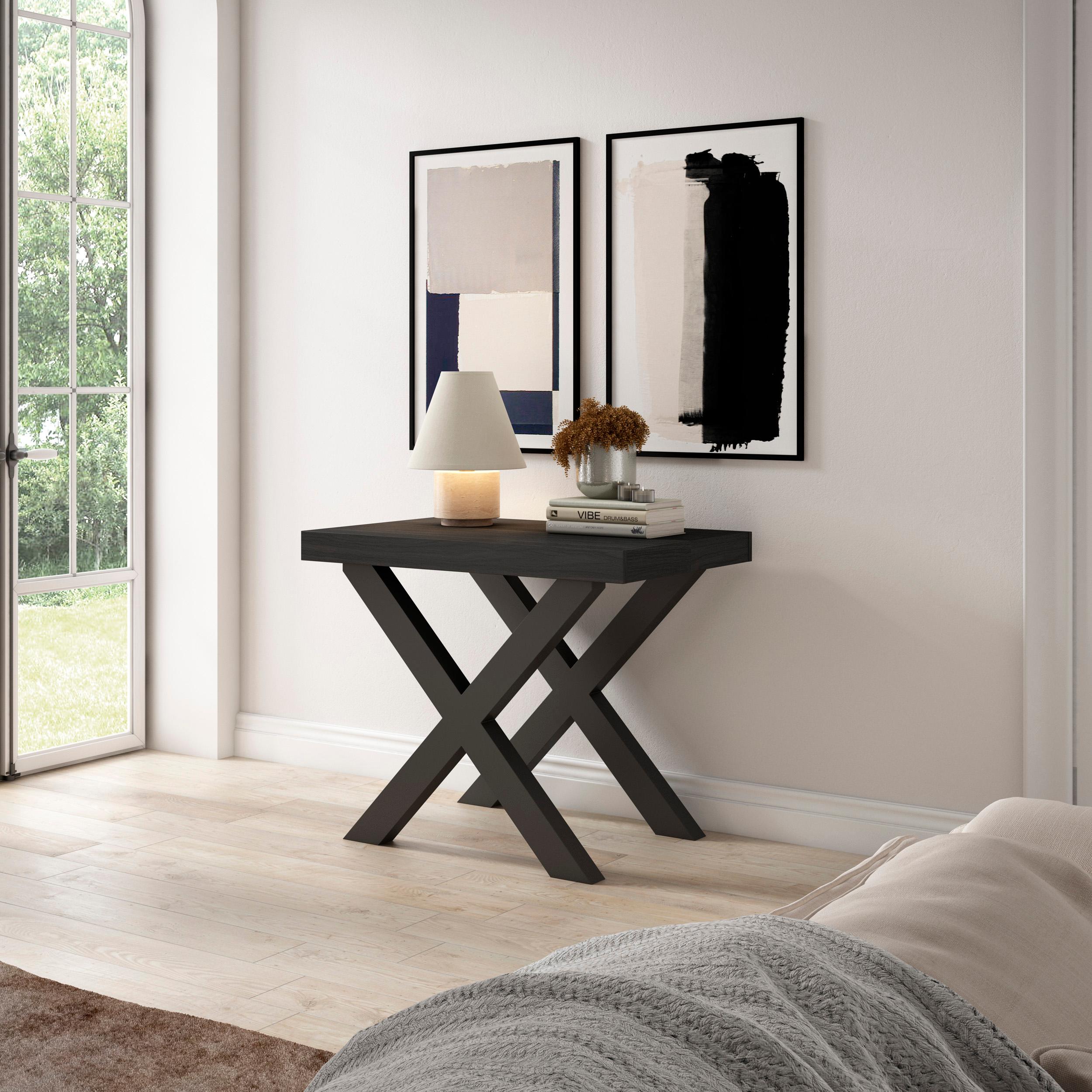 Table console extensible noire 260 cm – Jusqu’à 12 personnes – Pieds en bois massif noirs en croix