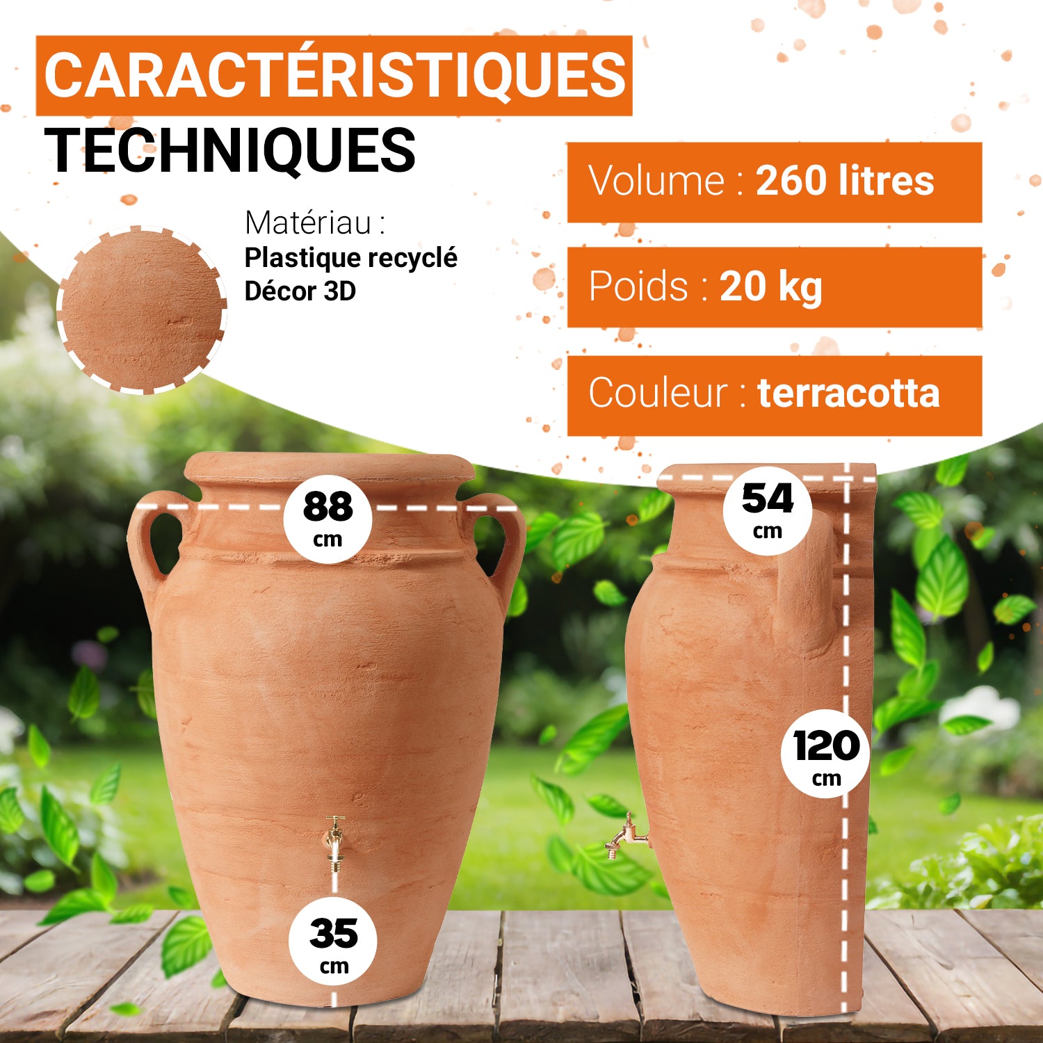 Récupérateur d´eau de pluie - Réservoir Antik amphore murale 260 L - Terracotta