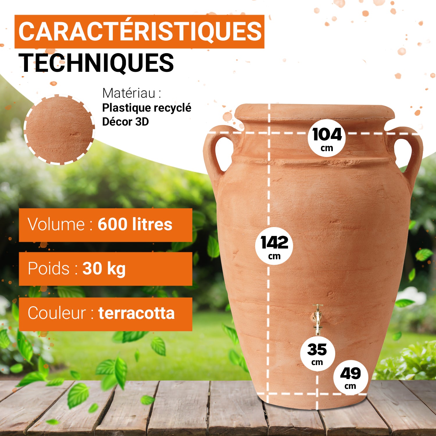 Récupérateur d´eau de pluie - Réservoir Antik amphore 600 L - Terracotta