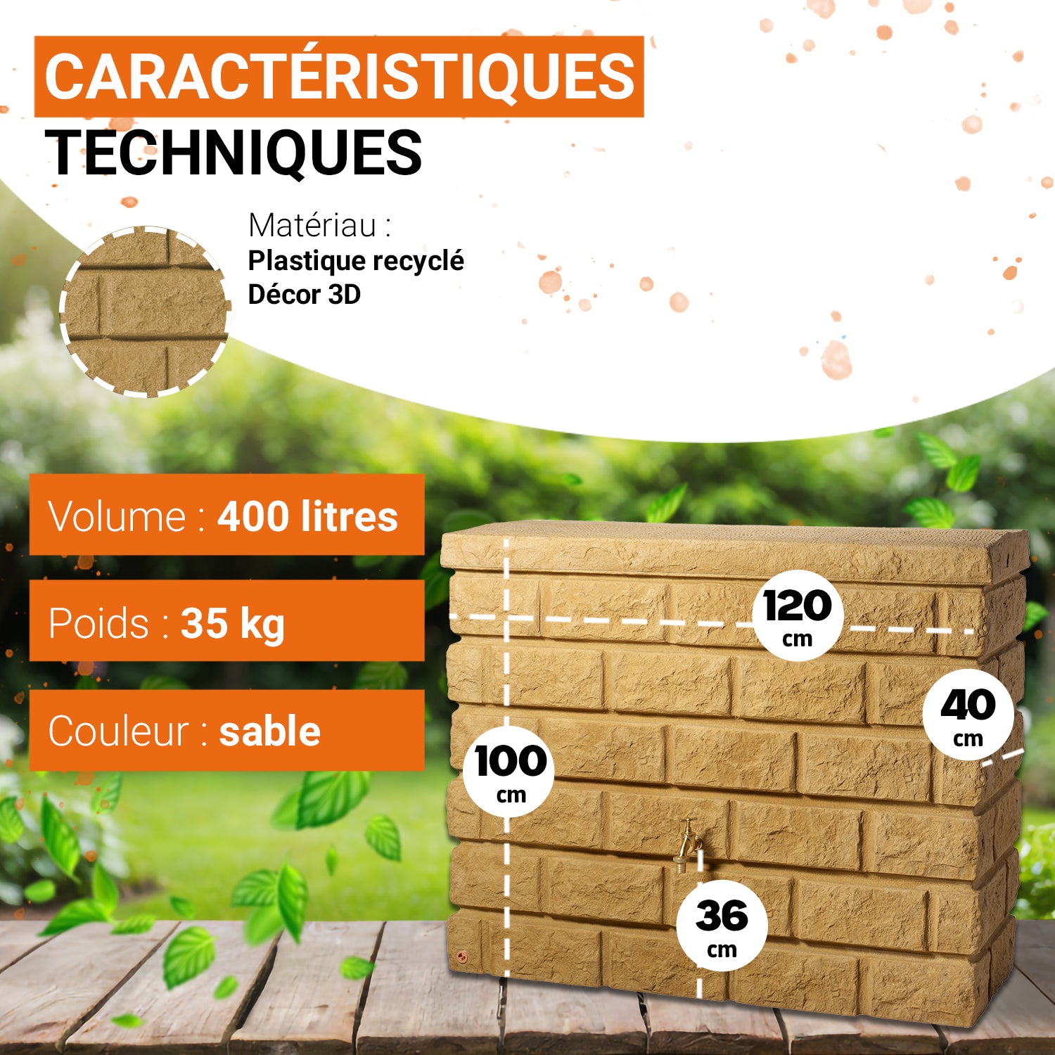 Récupérateur d´eau de pluie - Réservoir mural Rocky 400 L - Sable