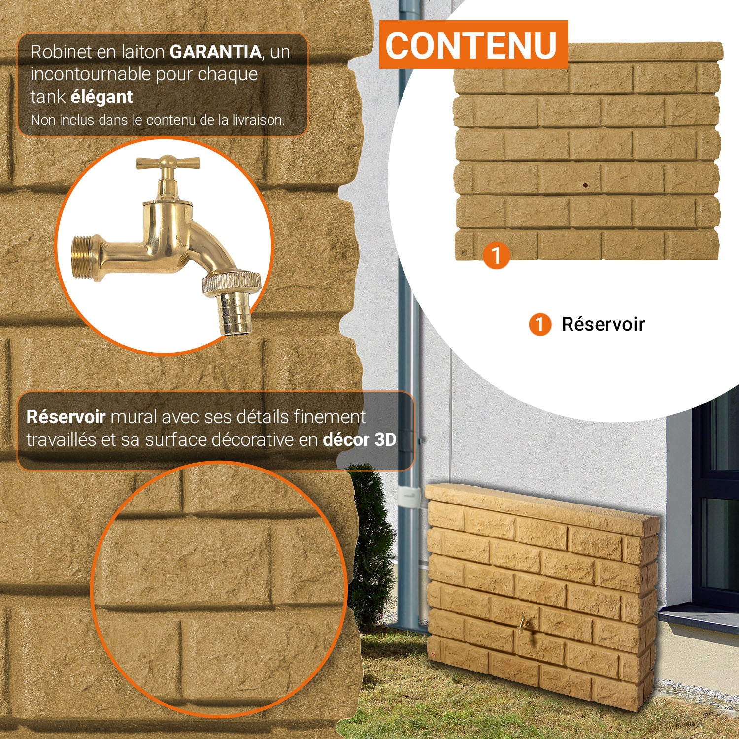 Récupérateur d´eau de pluie - Réservoir mural Rocky 400 L - Sable