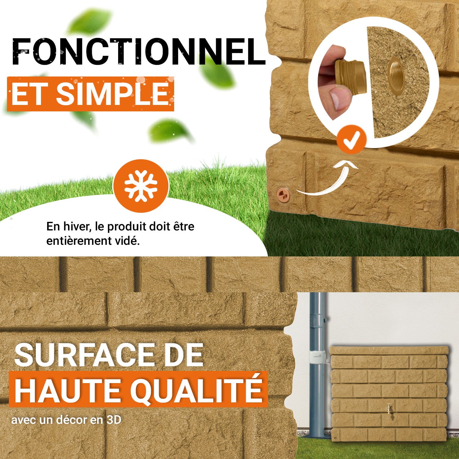 Récupérateur d´eau de pluie - Réservoir mural Rocky 400 L - Sable