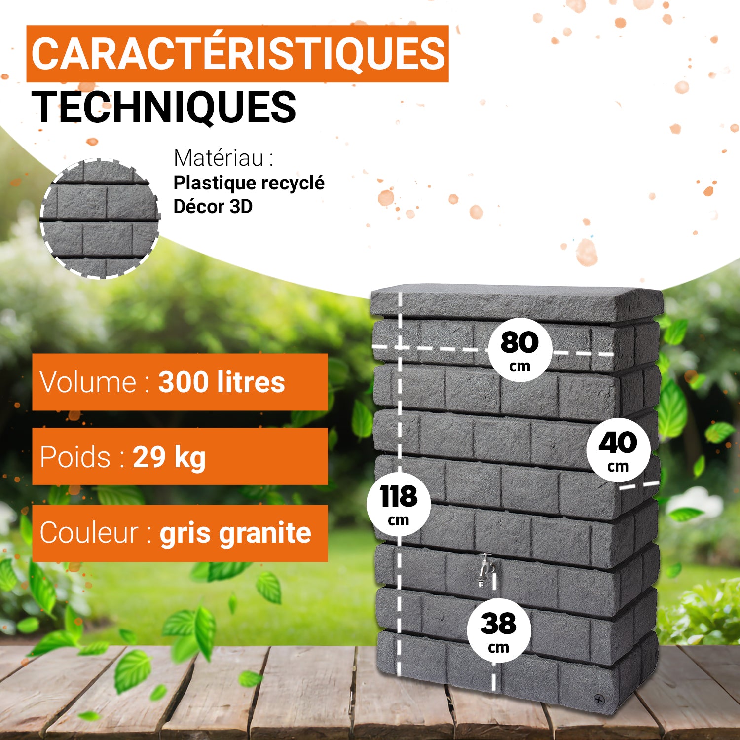 Récupérateur d´eau de pluie - Réservoir mural Rocky Jr 300 L - Gris foncé