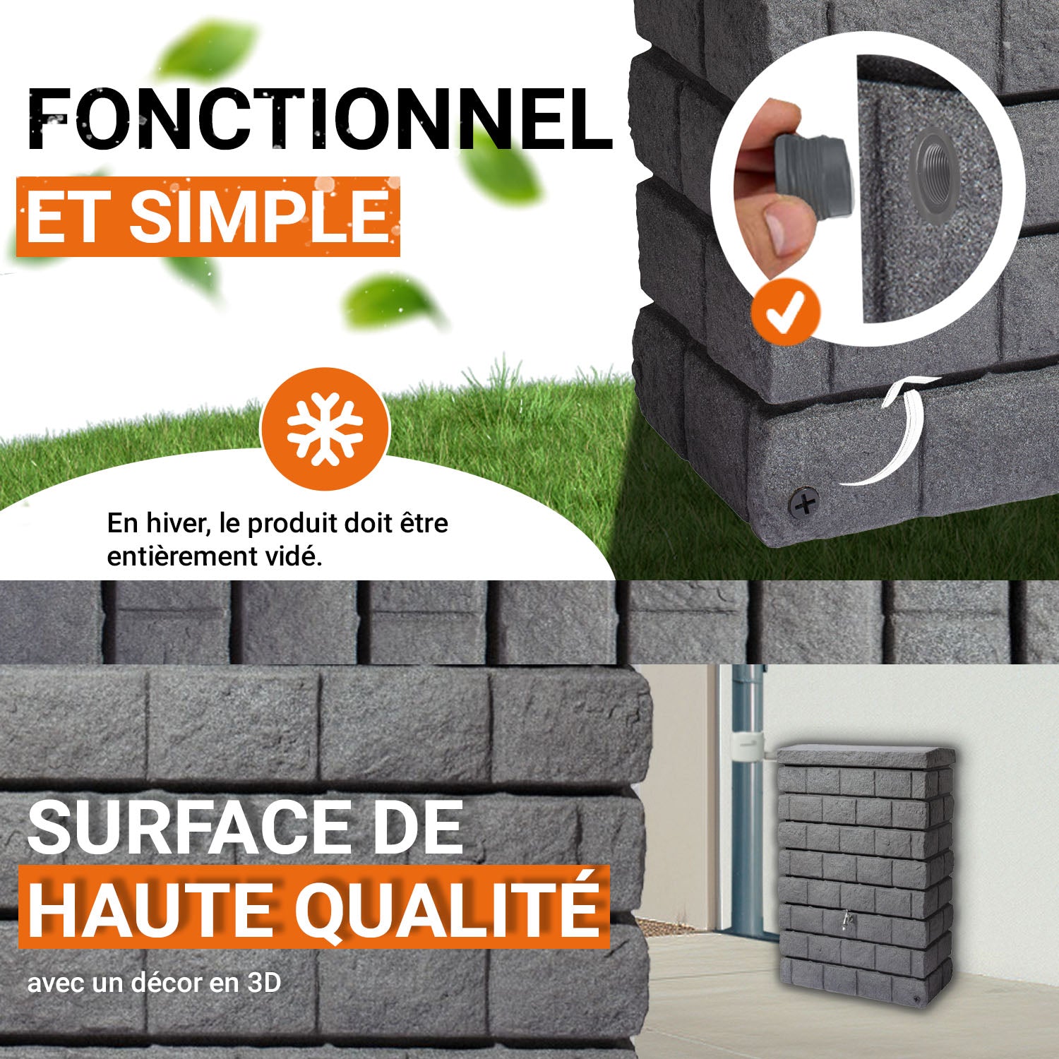 Récupérateur d´eau de pluie - Réservoir mural Rocky Jr 300 L - Gris foncé