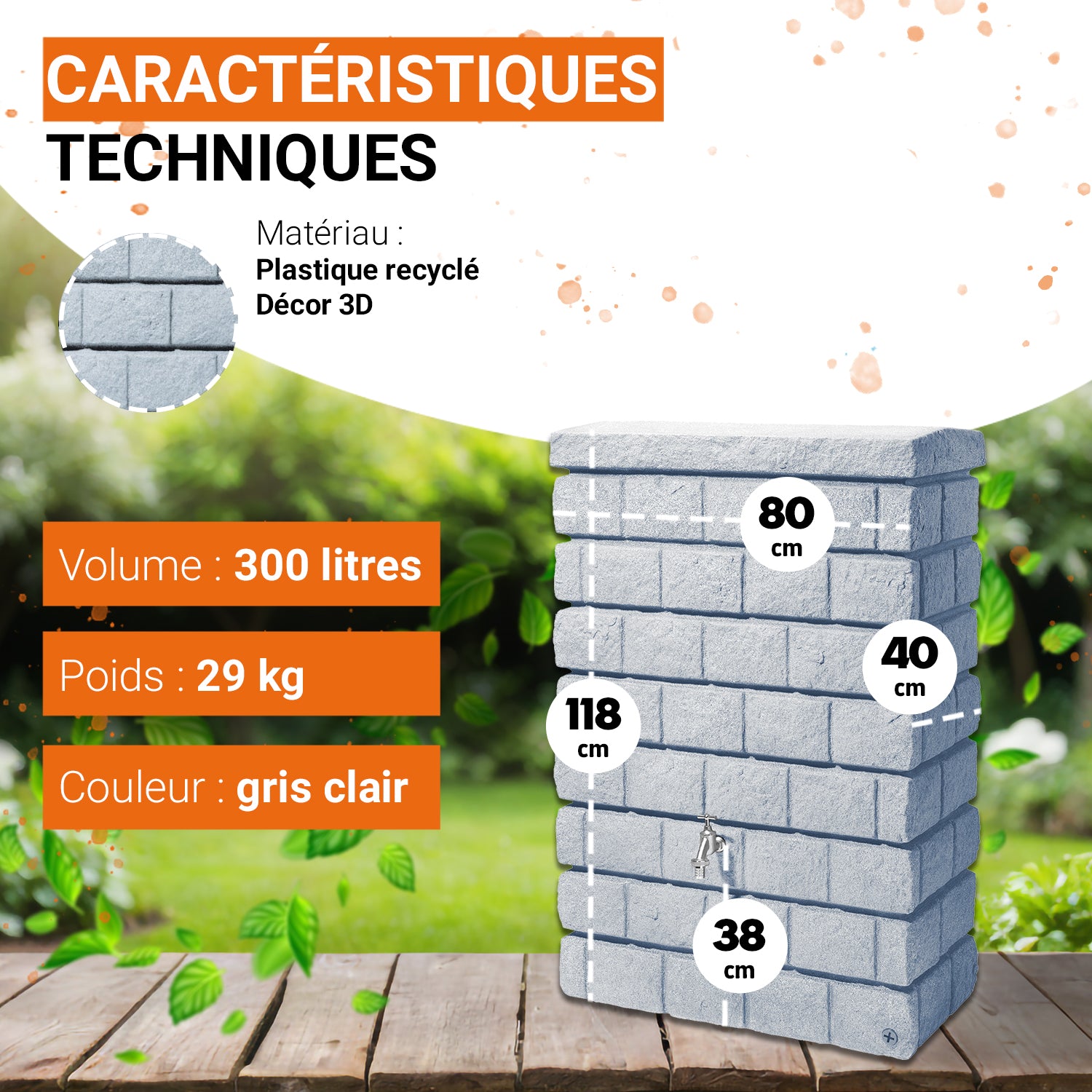 Récupérateur d´eau de pluie - Réservoir mural Rocky Jr 300 L - Gris clair