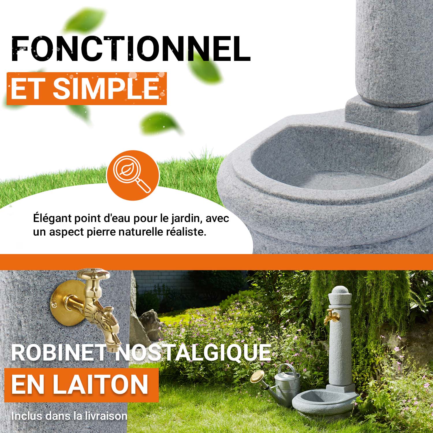 Fontaine de jardin Venezia gris clair - Robinet nostalgie - Grande vasque