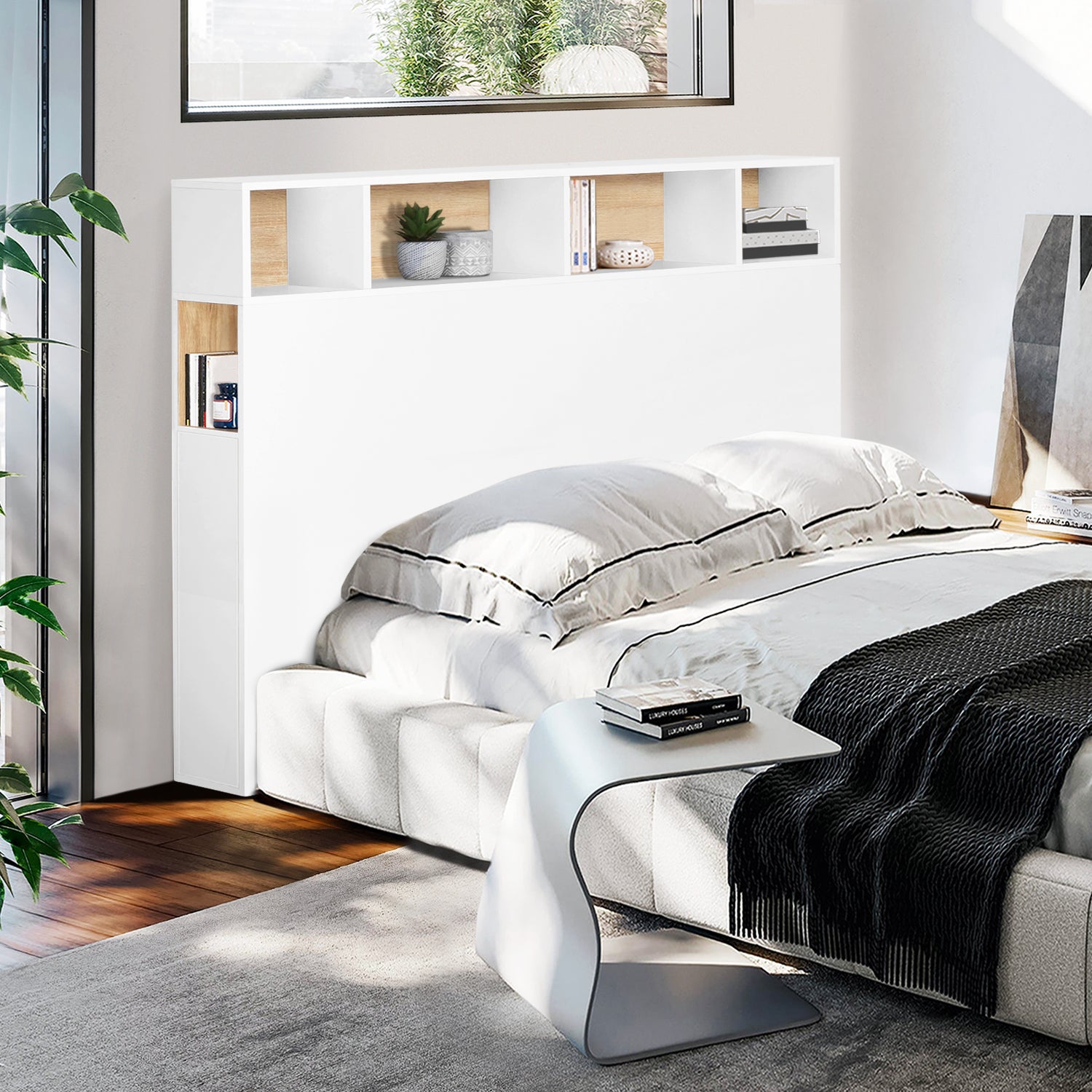 Tête de lit blanche et bois avec rangements 145cm