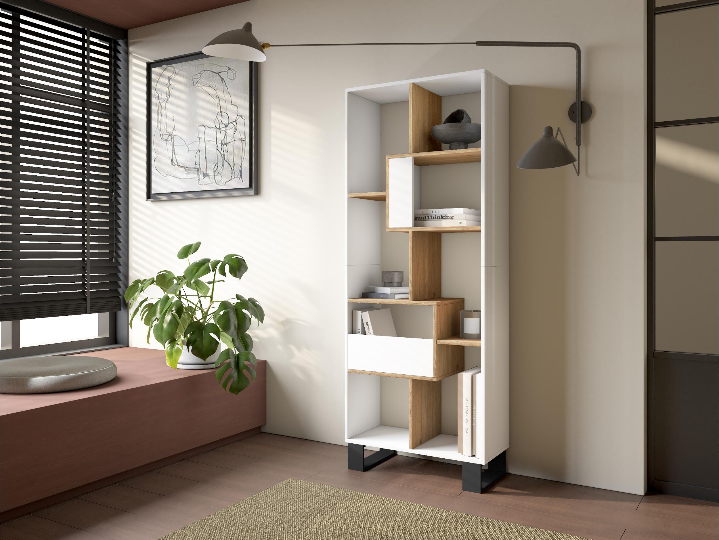 Étagère bibliothèque 174x67x31cm, horizontal ou vertical Design industriel Blanc et Chêne