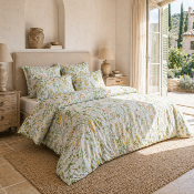 Drap plat - 240x300cm - tissu percale - fleurs vertes