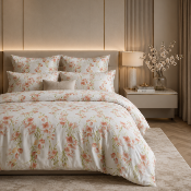Housse de couette - 140x200cm - tissu percale blanc - fleurs rouges