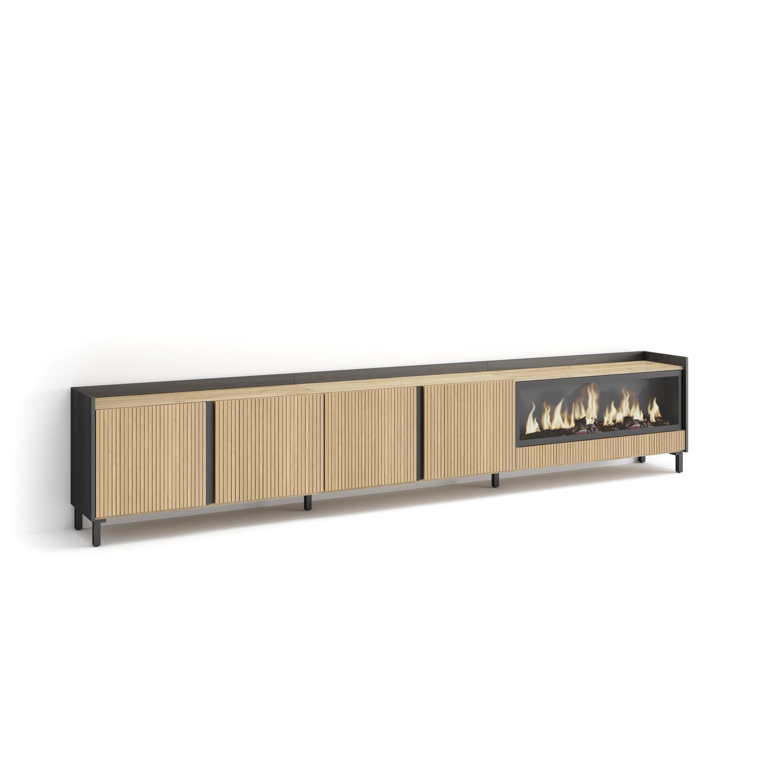 Meuble TV 315x61x35 cm Pour les TV jusqu'à 80" Cheminée électrique à droite XXL Design industriel Chêne et noir