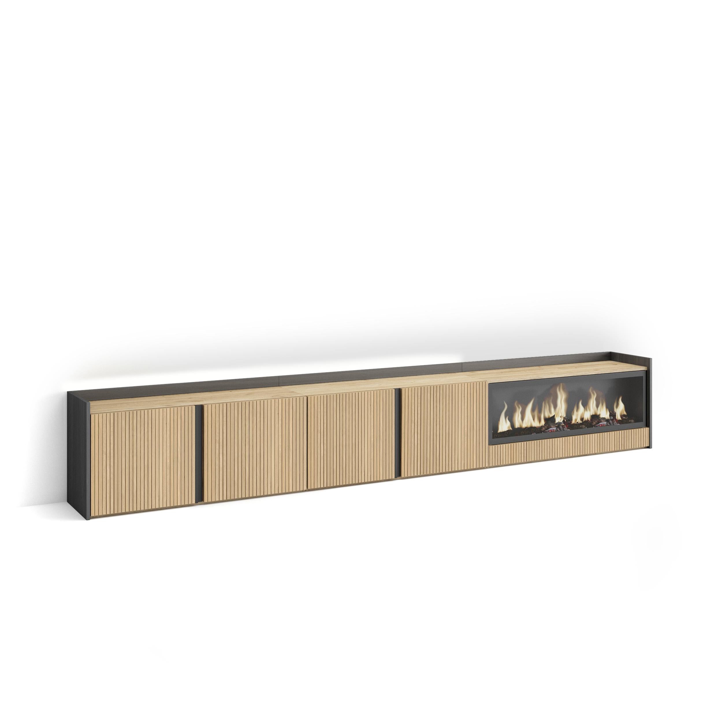 Meuble TV Led 315x50x35 cm Pour les TV jusqu'à 80" Cheminée électrique à droite XXL Chêne et noir