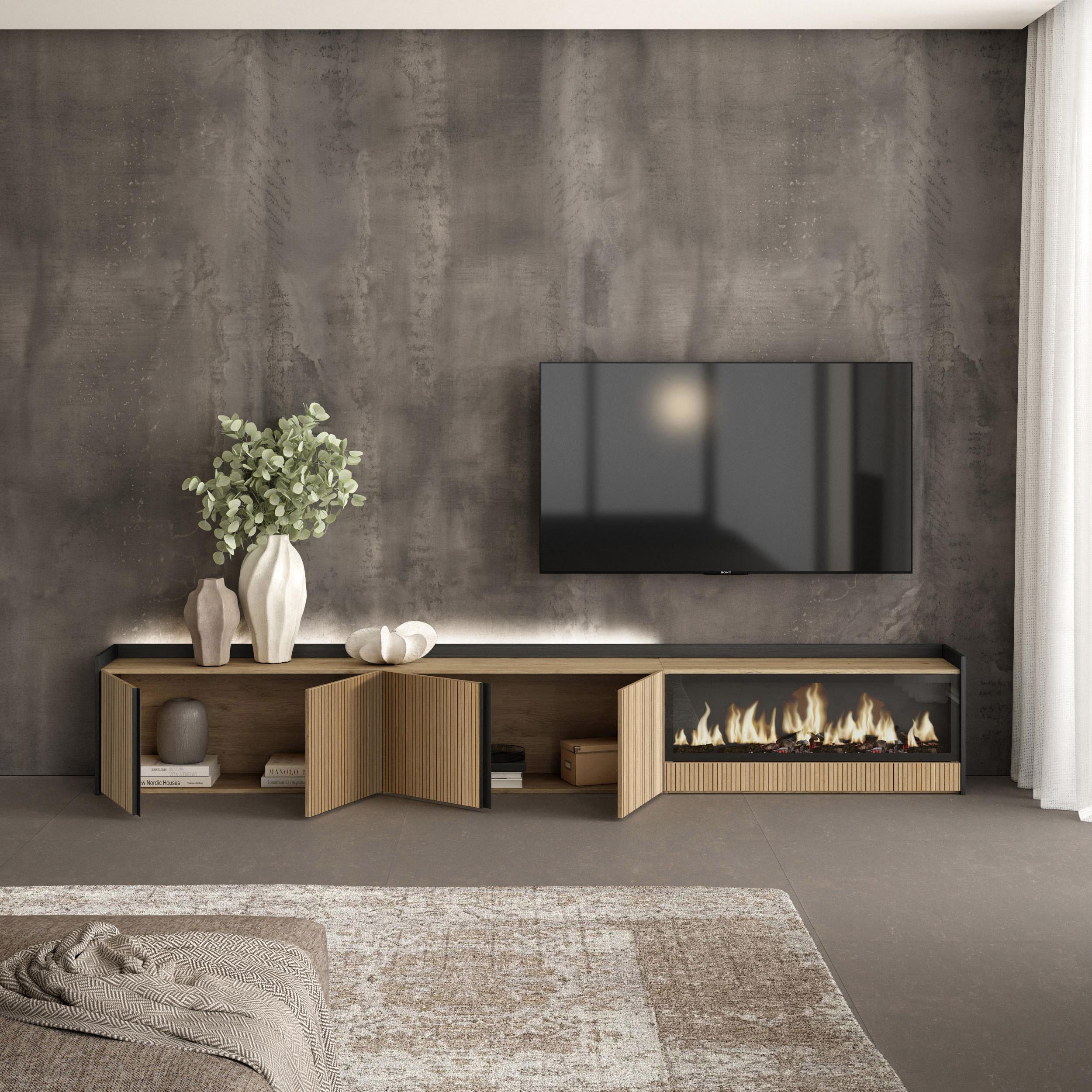 Meuble TV Led 315x50x35 cm Pour les TV jusqu'à 80" Cheminée électrique à droite XXL Chêne et noir
