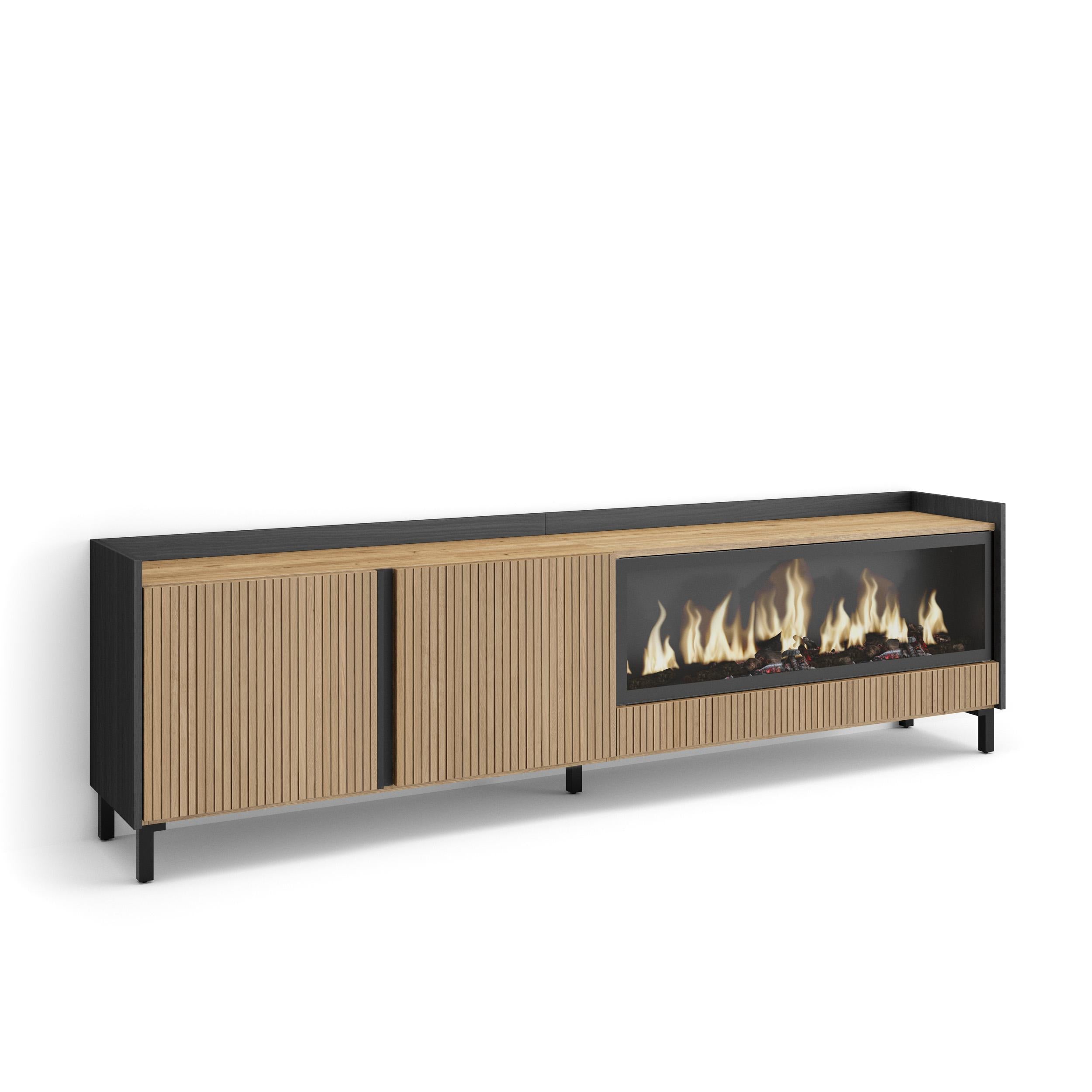 Meuble TV 212x61x35 cm Pour les TV jusqu'à 80" Cheminée électrique à droite XXL Design industriel Chêne et noir