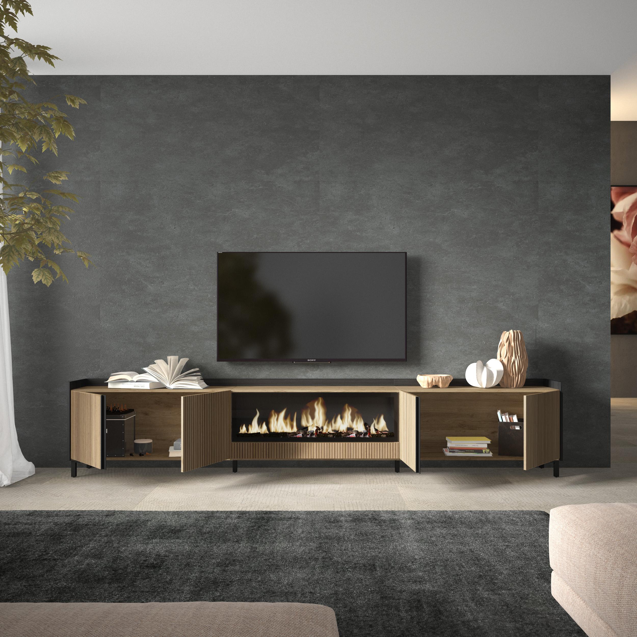 Meuble TV 315x61x35 cm Pour les TV jusqu'à 80" Cheminée électrique au centre XXL Design industriel Chêne et noir