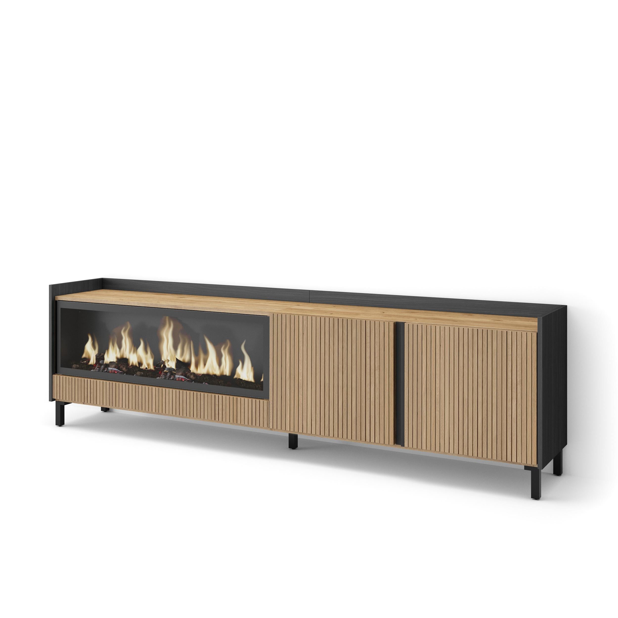 Meuble TV 212x61x35 cm Pour les TV jusqu'à 80" Cheminée électrique à gauche XXL Design industriel Chêne et noir