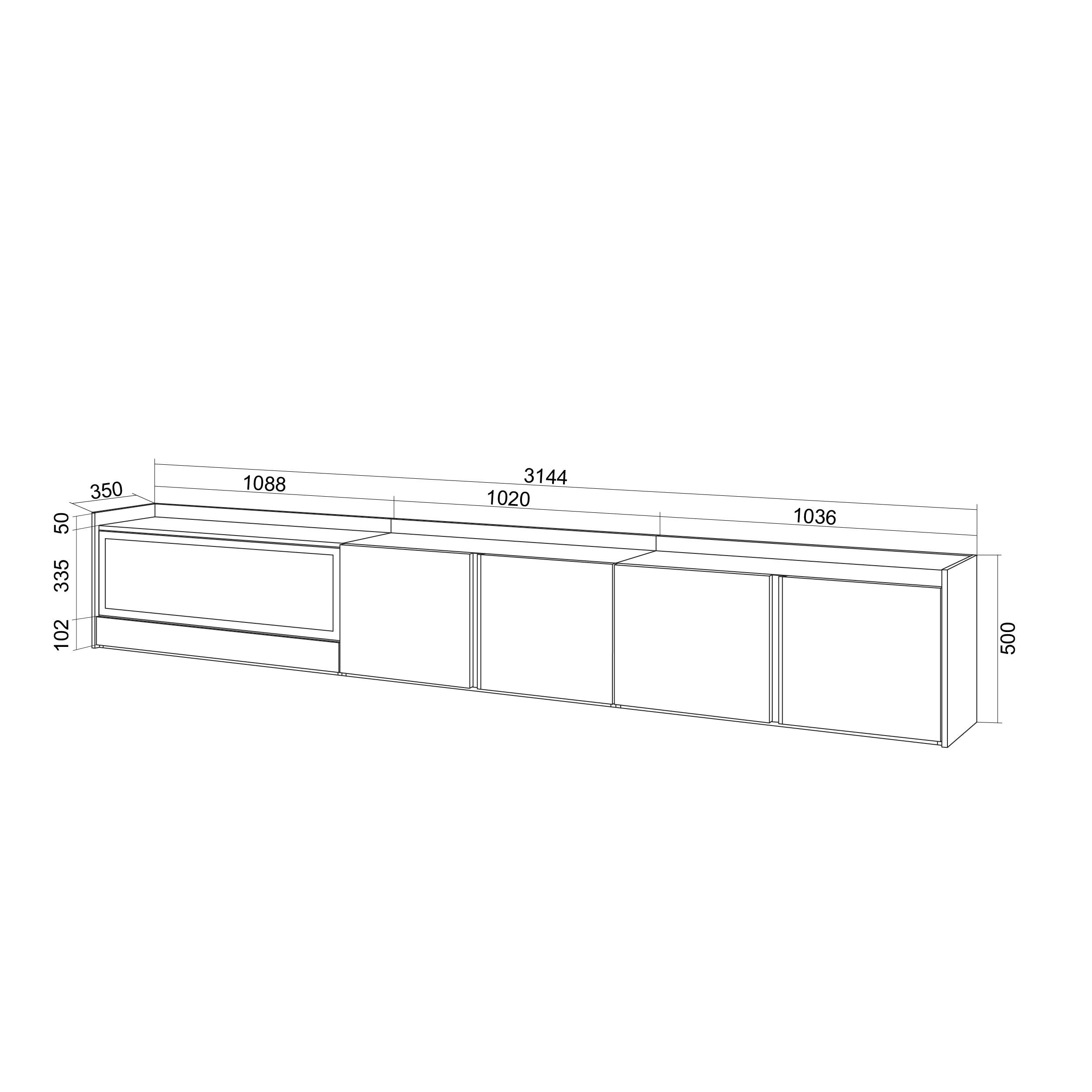 Meuble TV Suspendu 315x50x35 cm Pour les TV jusqu'à 80" Cheminée électrique à gauche XXL Mural Chêne et noir