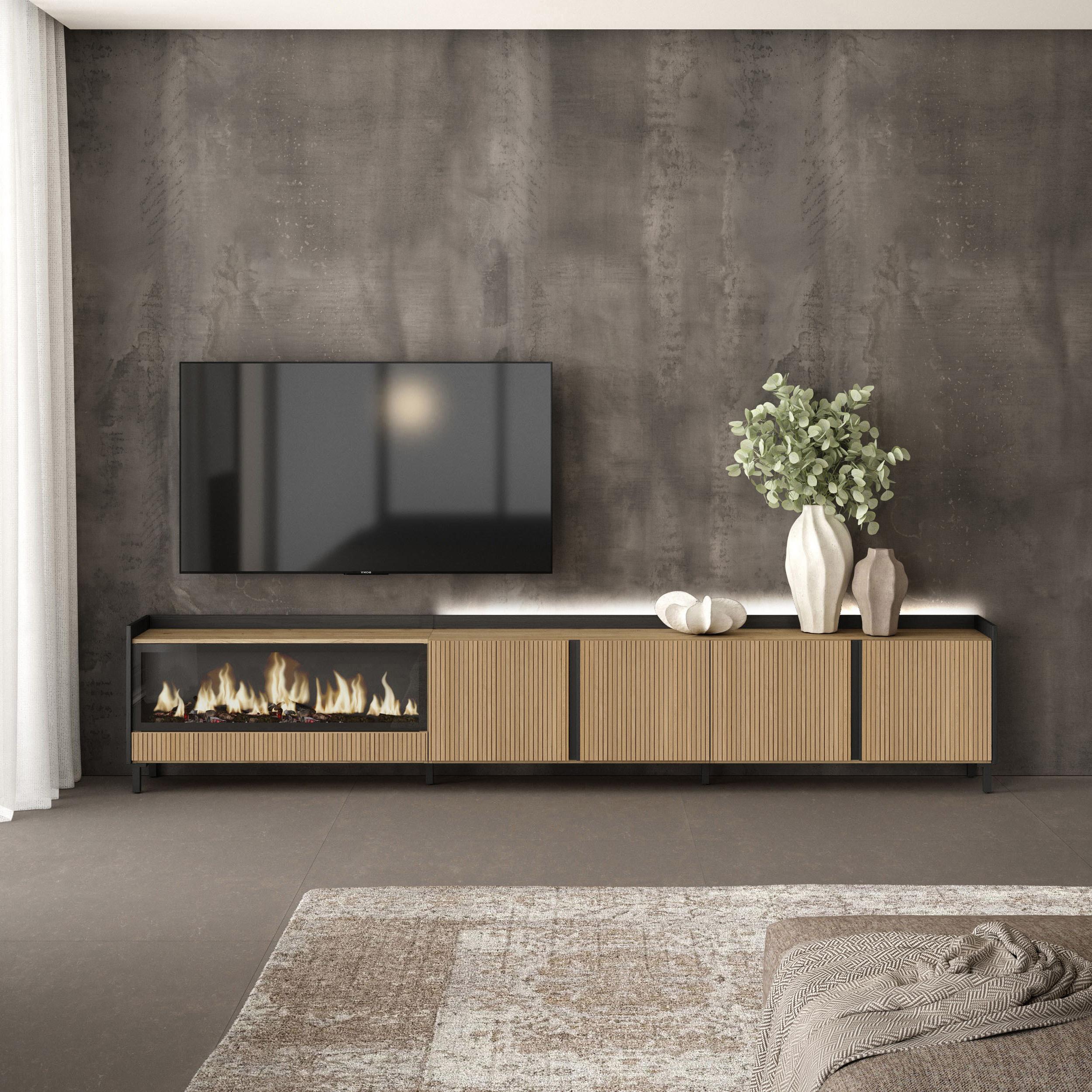 Meuble TV Led 315x61x35 cm Pour les TV jusqu'à 80" Cheminée électrique à gauche XXL Design industriel Chêne et noir