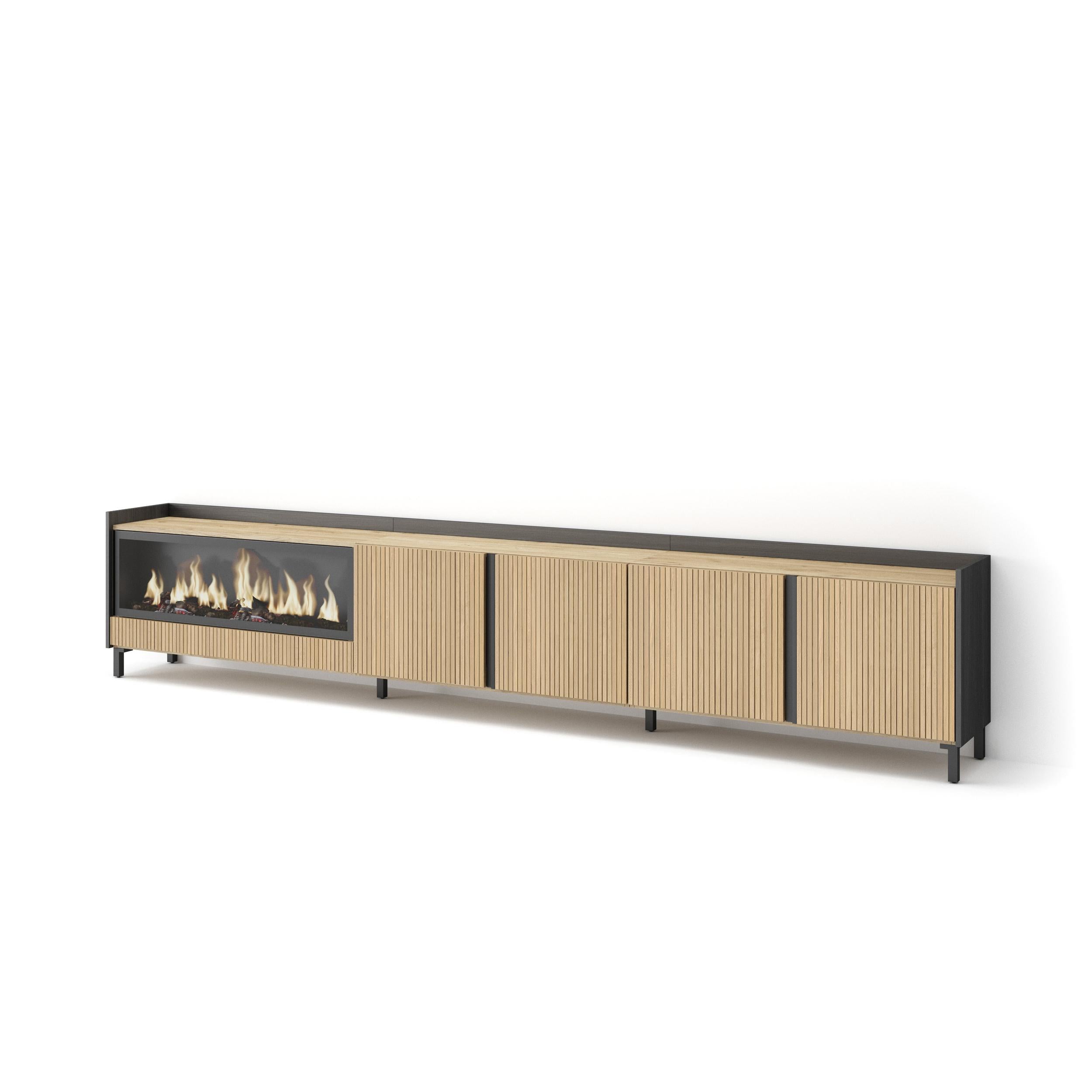 Meuble TV 315x61x35 cm Pour les TV jusqu'à 80" Cheminée électrique à gauche XXL Design industriel Chêne et noir