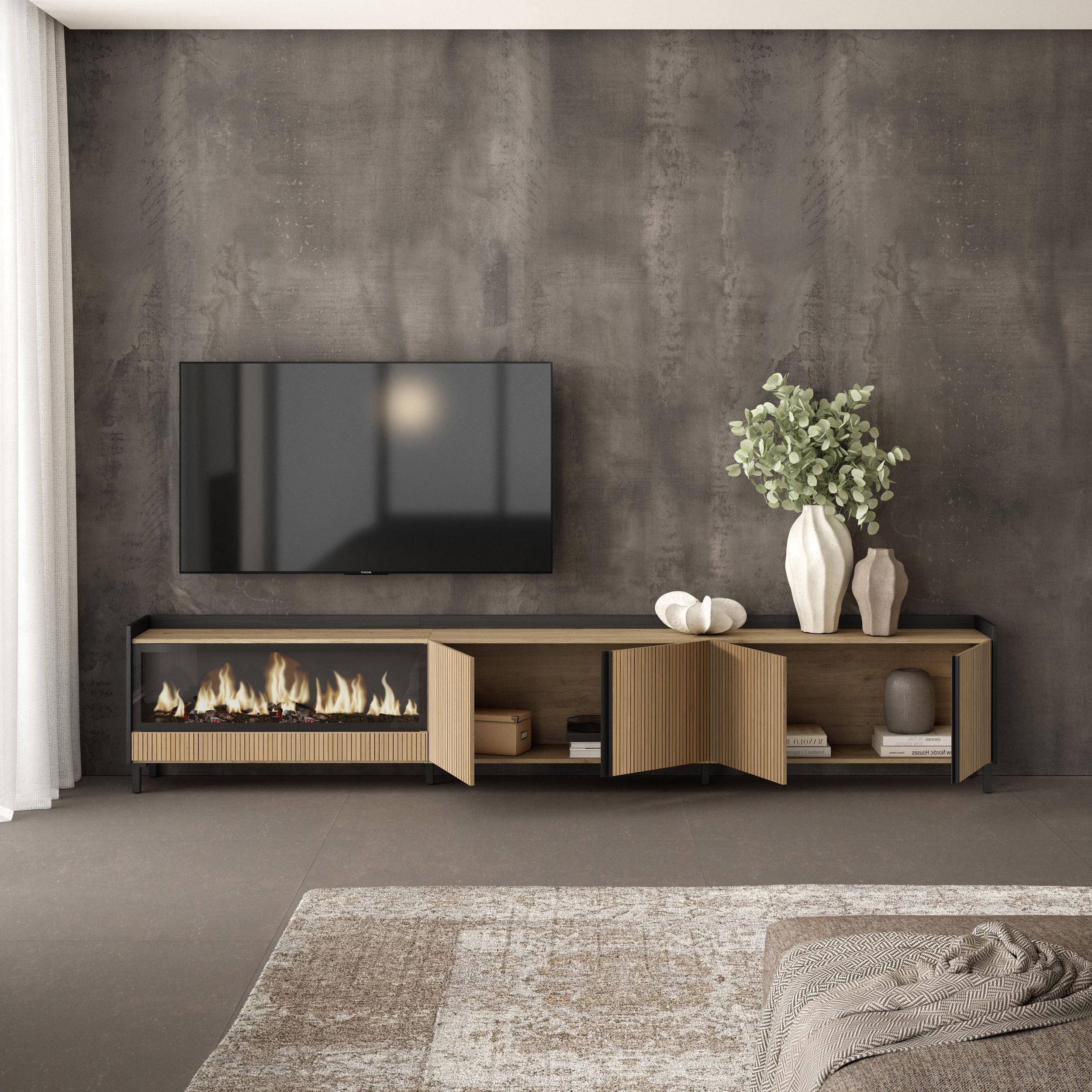 Meuble TV 315x61x35 cm Pour les TV jusqu'à 80" Cheminée électrique à gauche XXL Design industriel Chêne et noir