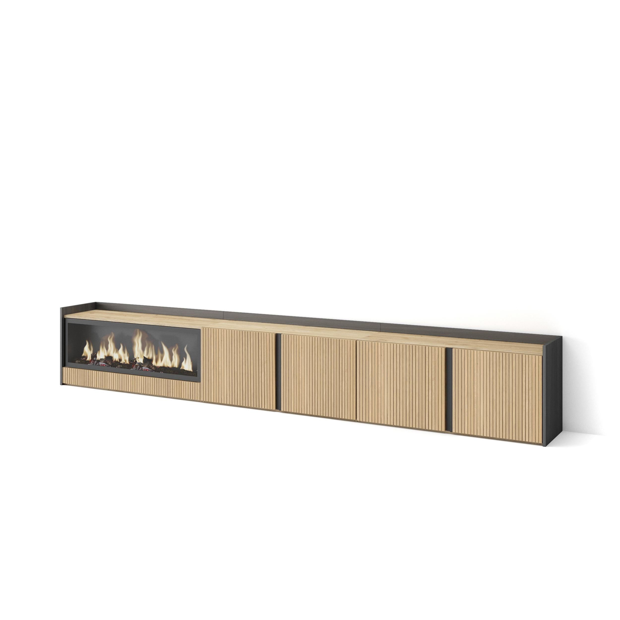 Meuble TV 315x50x35 cm Pour les TV jusqu'à 80" Cheminée électrique à gauche XXL Chêne et noir