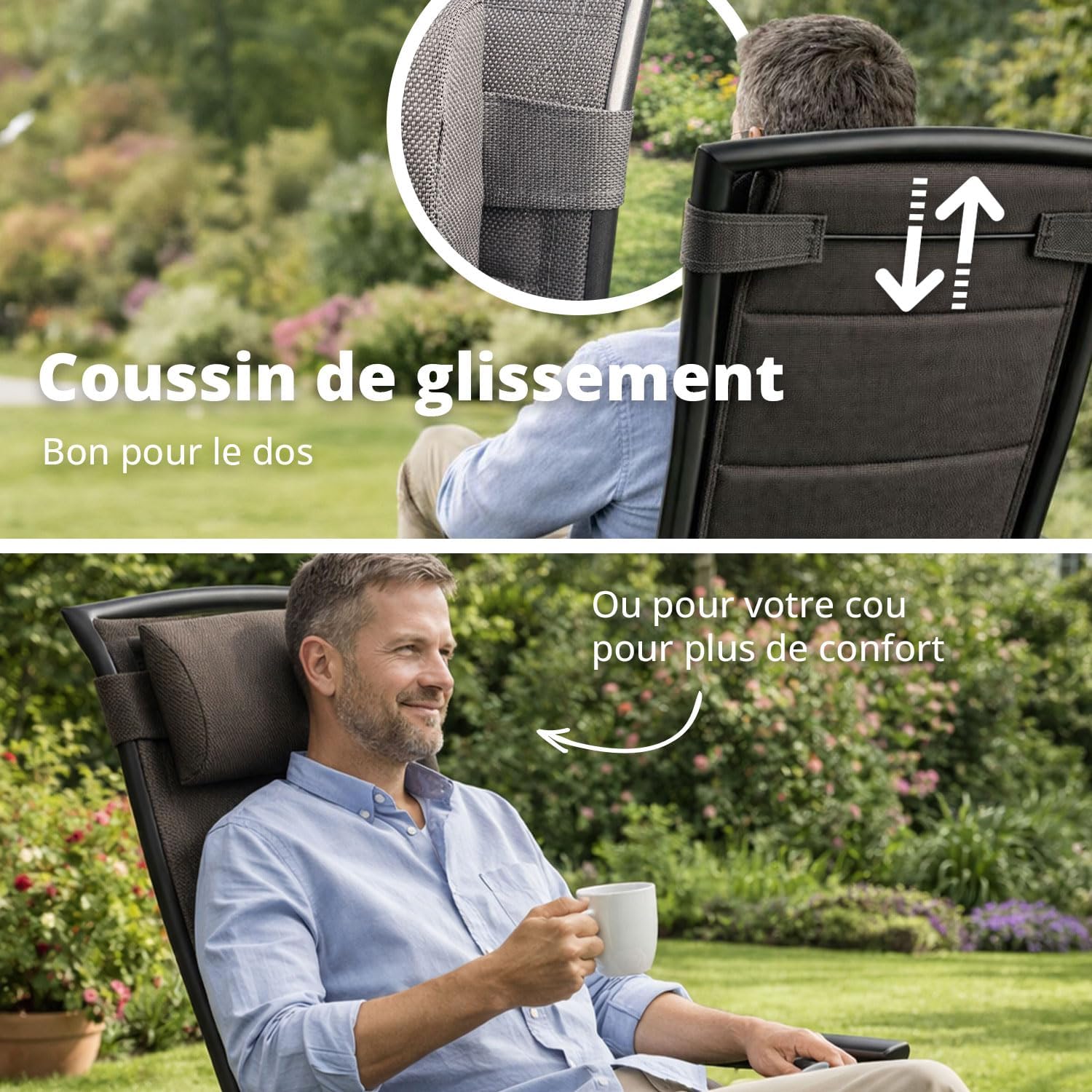 Lot de 2 fauteuils de jardin pliants avec dossier haut et coussin