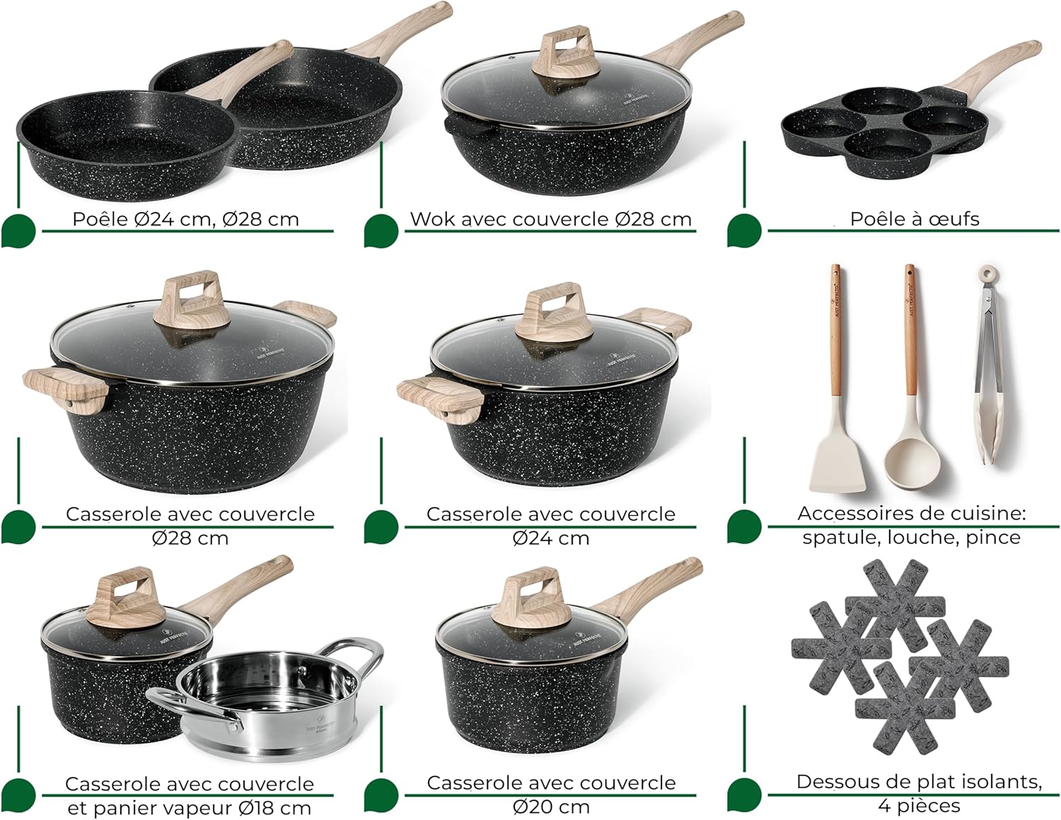 Batterie de cuisine 21 pièces antiadhésives en Granit Noir - Tous feux dont induction