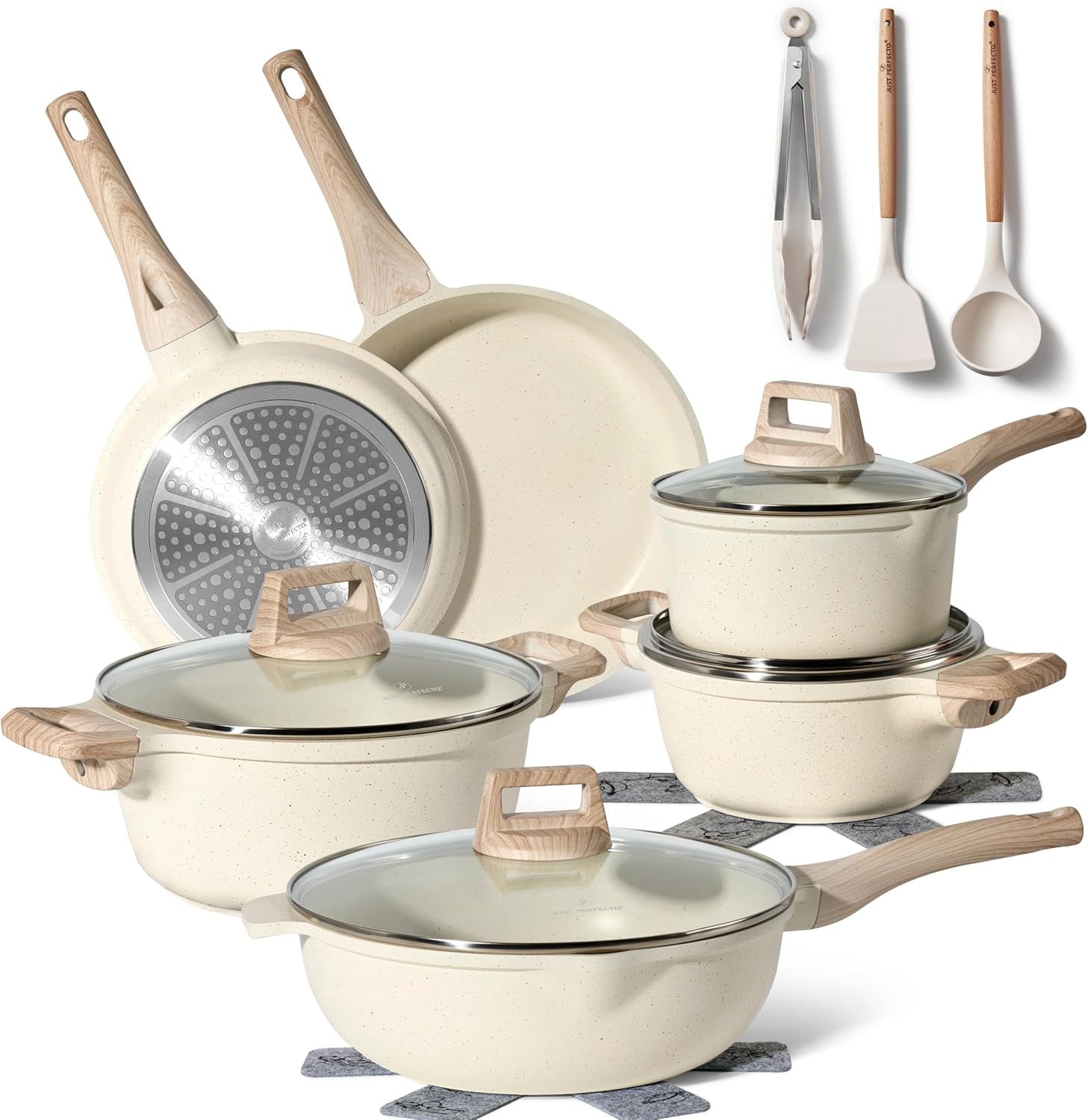 Batterie de cuisine 15 pièces antiadhésives en Granit Beige - Tous feux dont induction