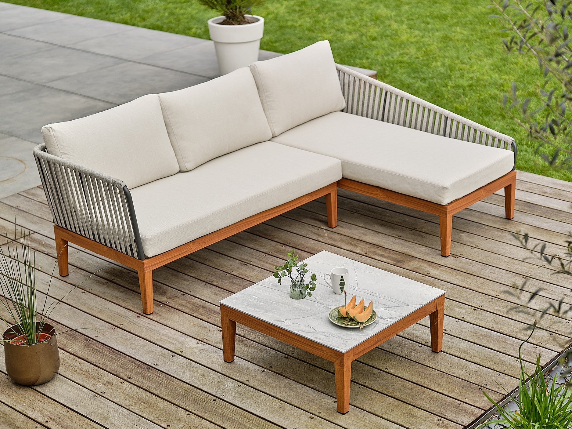 Salon bas de jardin Alphi en aluminium - Effet bois