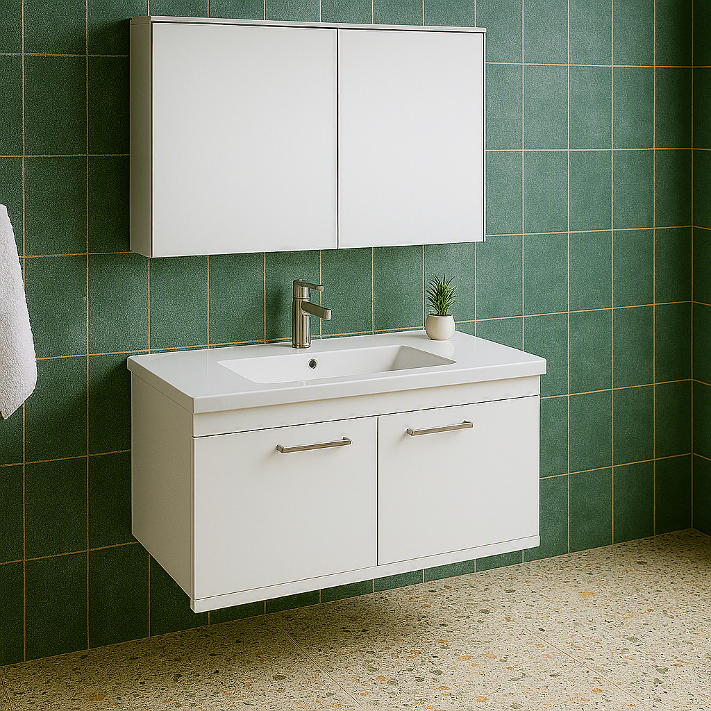 Meuble simple vasque Rubite 2 portes 80 cm + miroir armoire