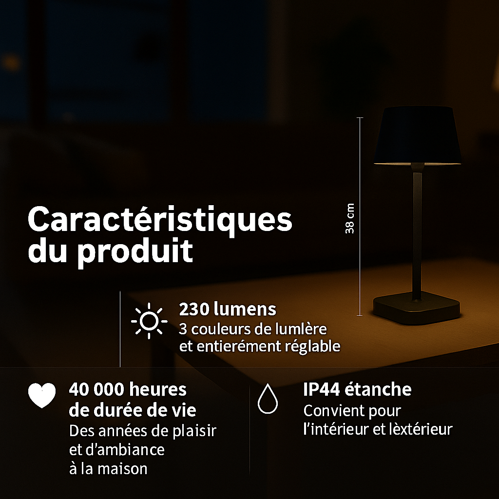 Lampe de table - Rechargeable - Intensité variable avec mode mémoire - 3 niveaux d'éclairage - 38 cm - Beige clair