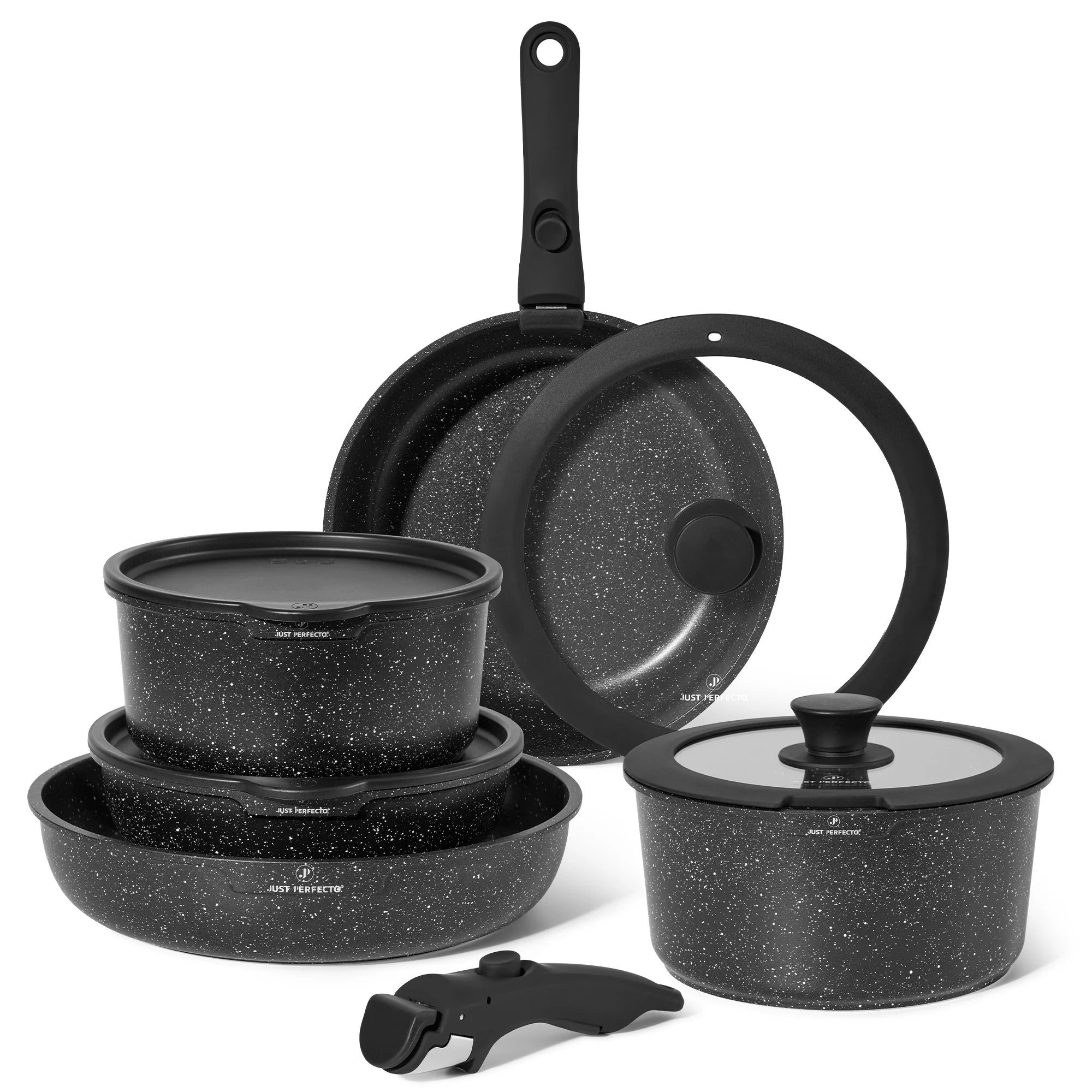 Batterie de cuisine 11 pièces avec poignées amovibles en Granit noir - Tous feux dont induction
