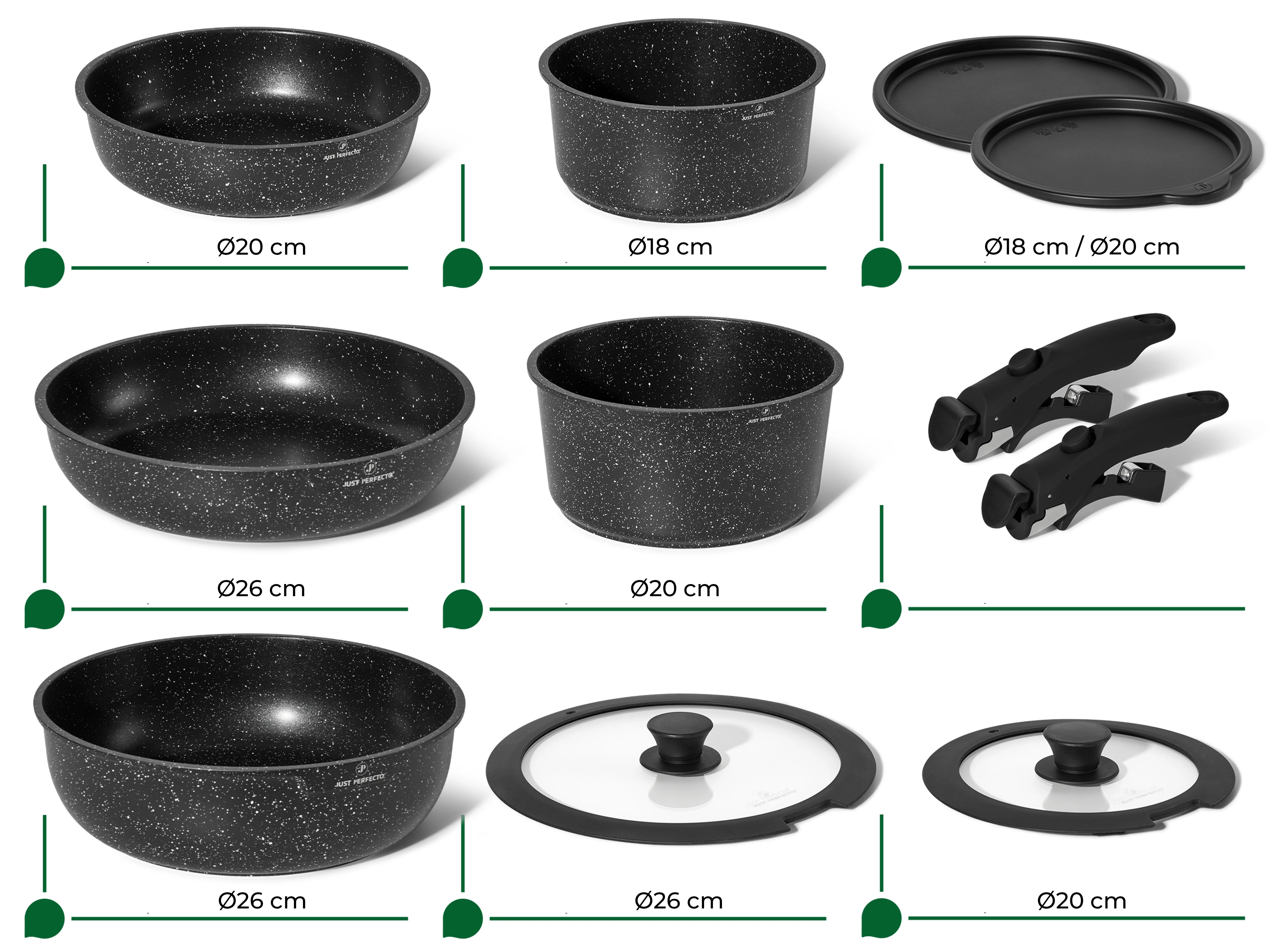 Batterie de cuisine 11 pièces avec poignées amovibles en Granit noir - Tous feux dont induction