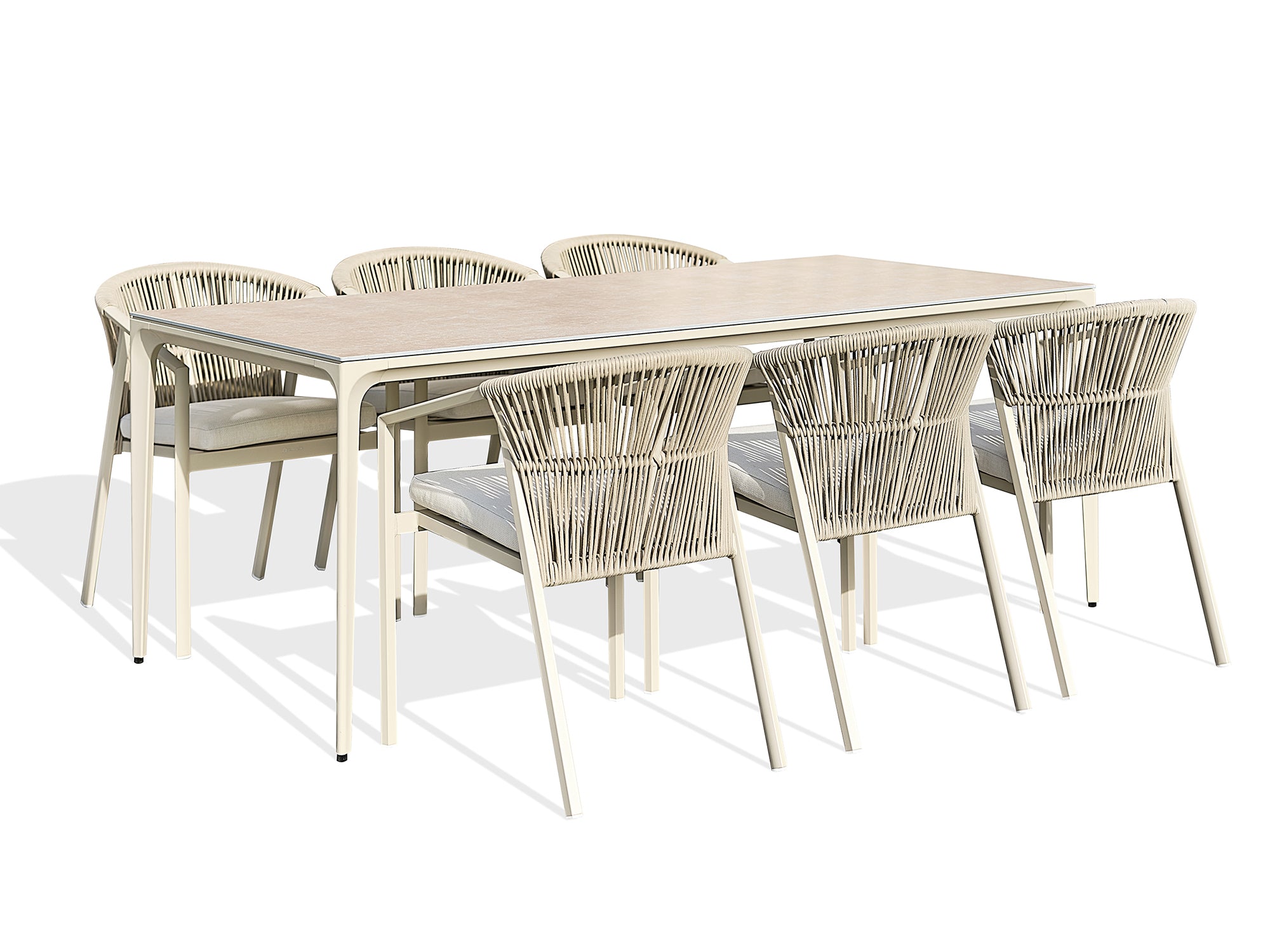 Ensemble repas de jardin Tigua 6 places avec plateau en céramique sur verre - Grège 200 cm