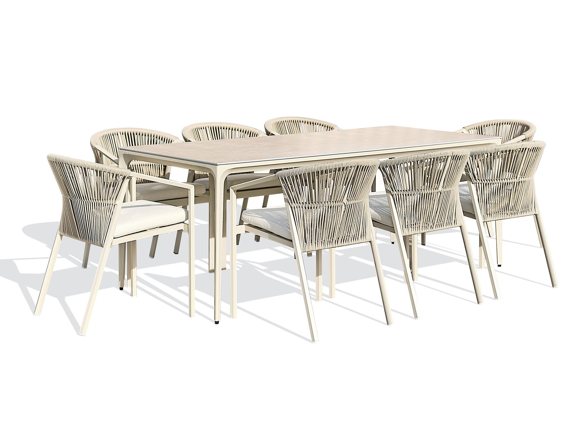 Ensemble repas de jardin Tigua 8 places avec plateau en céramique sur verre - Grège 200 cm