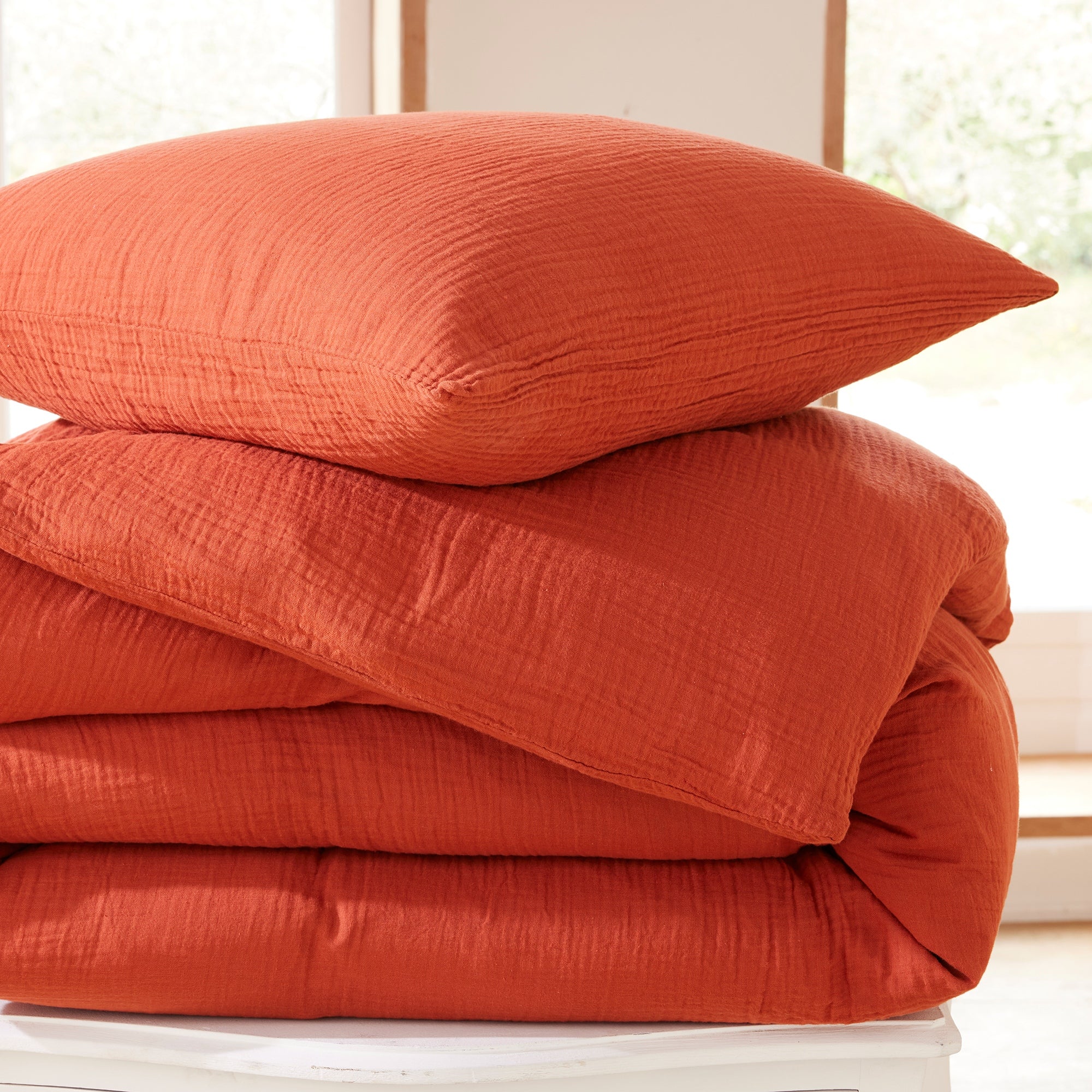 Pack 2 pièces Housse de couette 140x200cm + 1 taie d'oreiller 65X65cm gaze de coton Terracotta