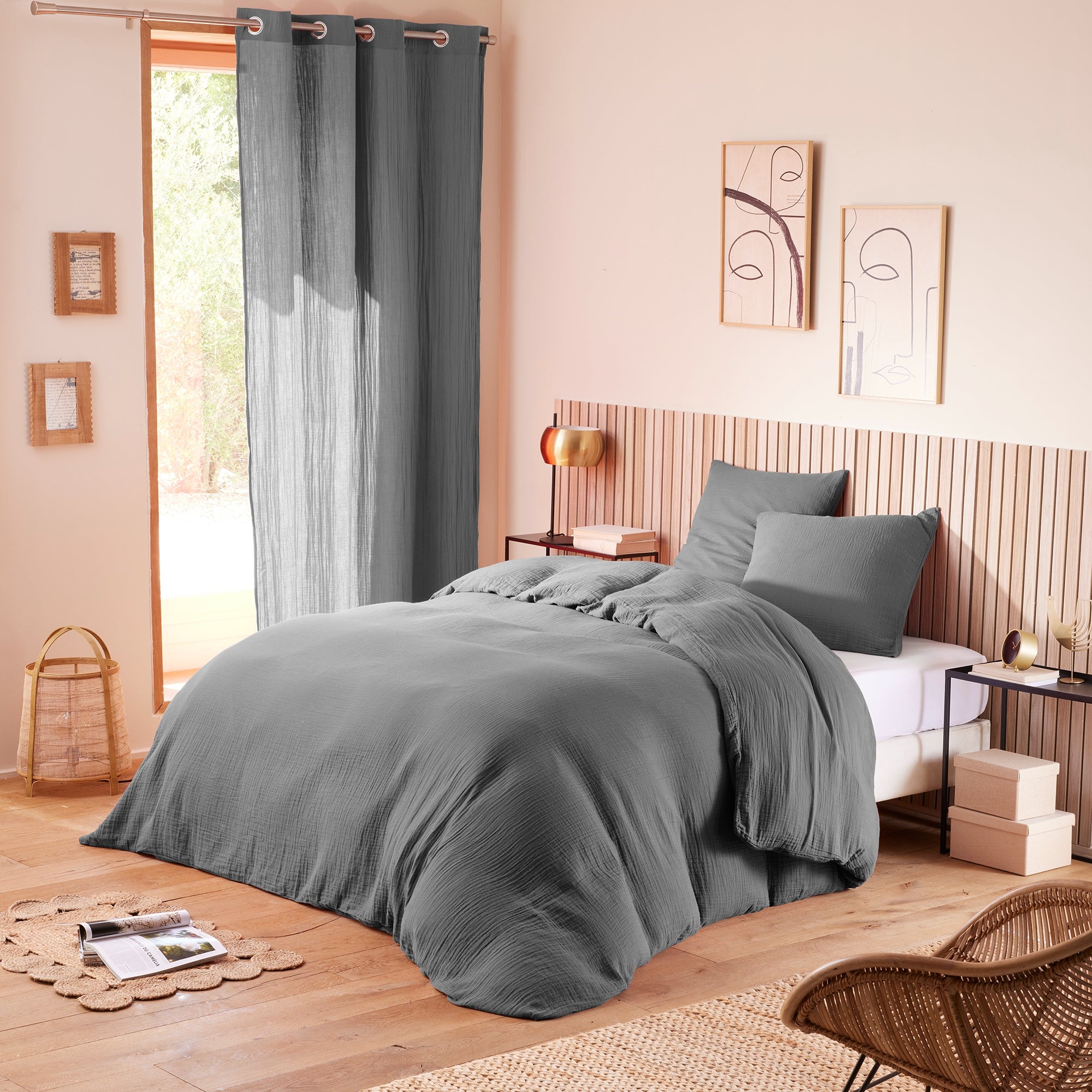 Pack 4 Pièces Housse de couette 240x220cm + 2 taies d'oreiller 65X65cm gaze de coton Ardoise