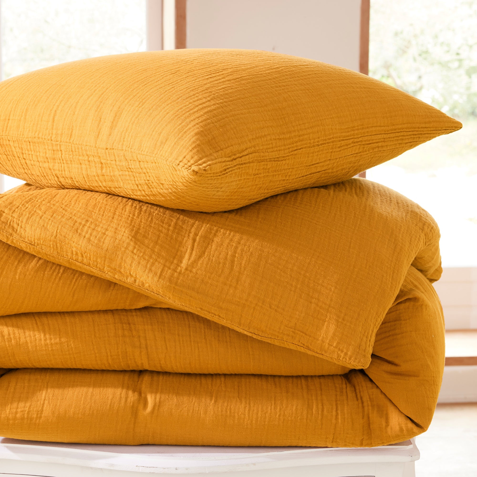 Pack 3 pièces Housse de couette - 240x220cm + 2 taies d'oreiller 65X65cm gaze de coton Curry