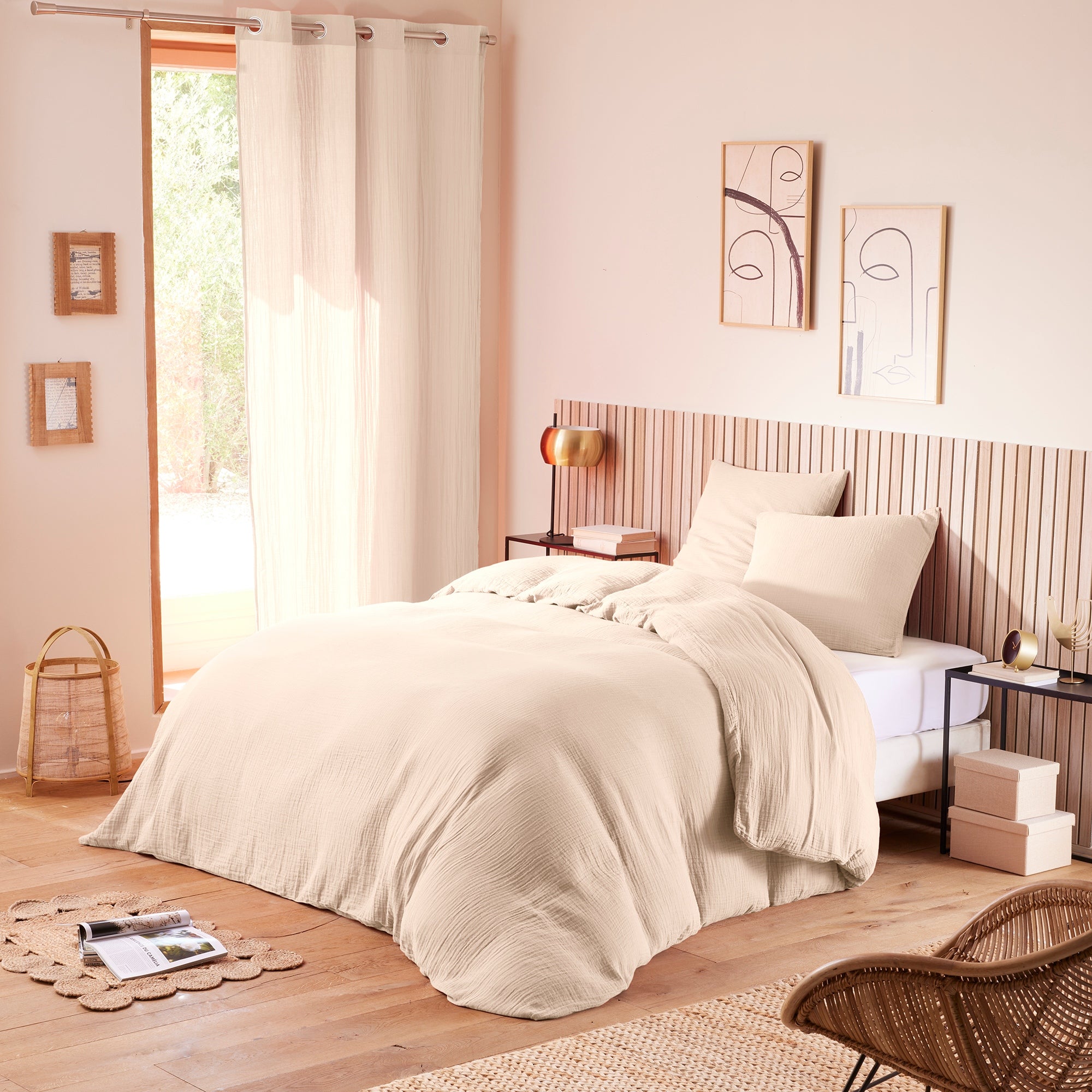 Pack 3 pièces Housse de couette - 240x220cm + 2 taies d'oreiller 65X65cm gaze de coton Naturel