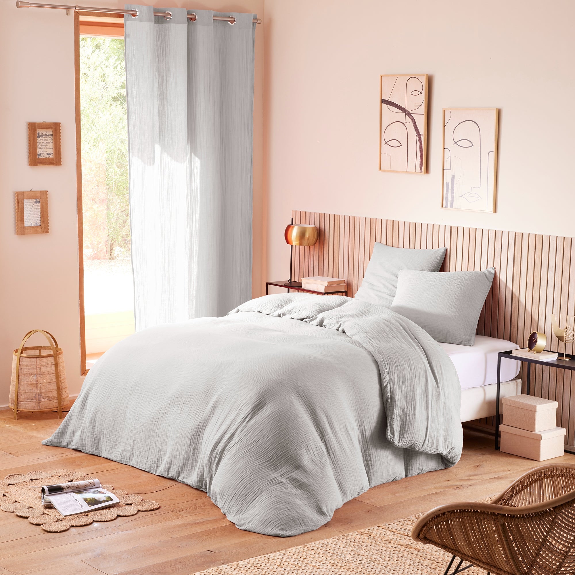 Pack 3 pièces Housse de couette 240x220cm + 2 taies d'oreiller 65X65cm gaze de coton Perle